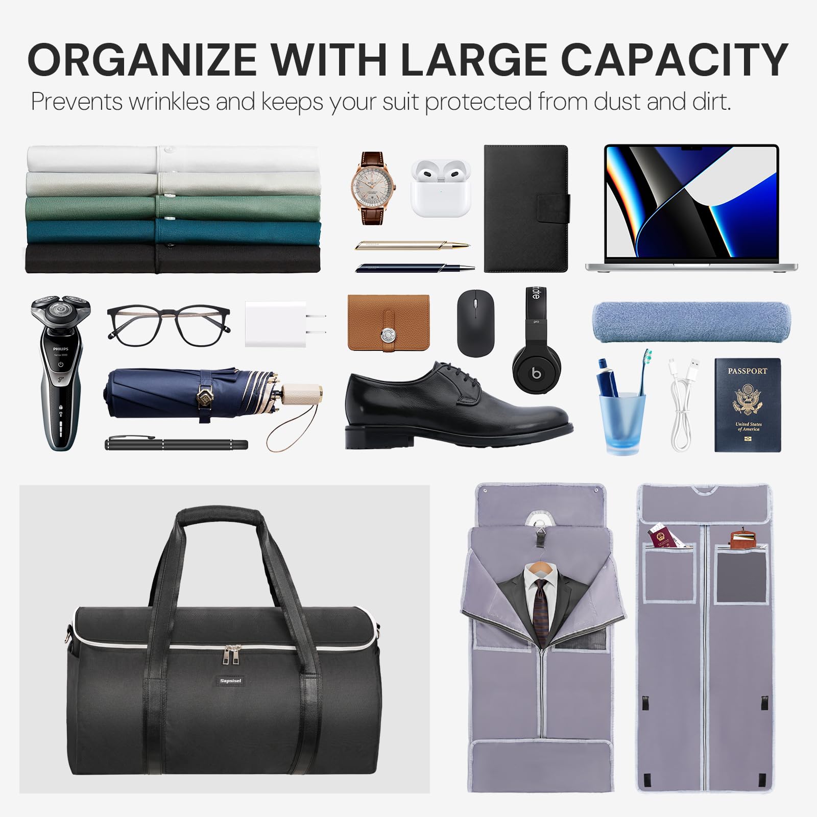 Convertible Garment Duffel Bag for Travel - 2 in 1 Hanging Suit Bag & Large Carry On Luggage for Men & Women | Perfect for Business Trips, Weddings & Airplane Travel