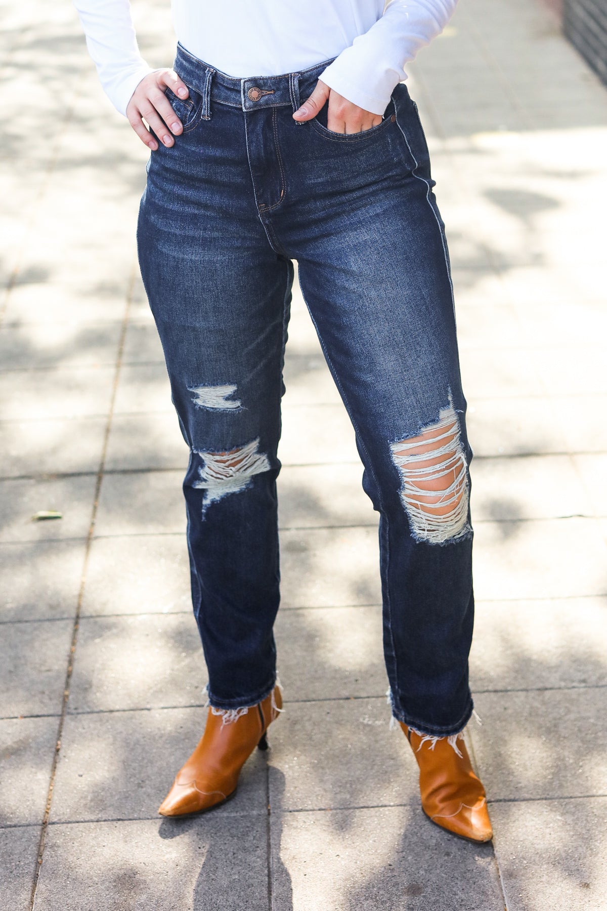 Judy Blue Women's Dark Wash Mid Rise Distressed Straight Leg Jeans - Comfortable & Stylish for Casual Wear, Work & Everyday Outfits
