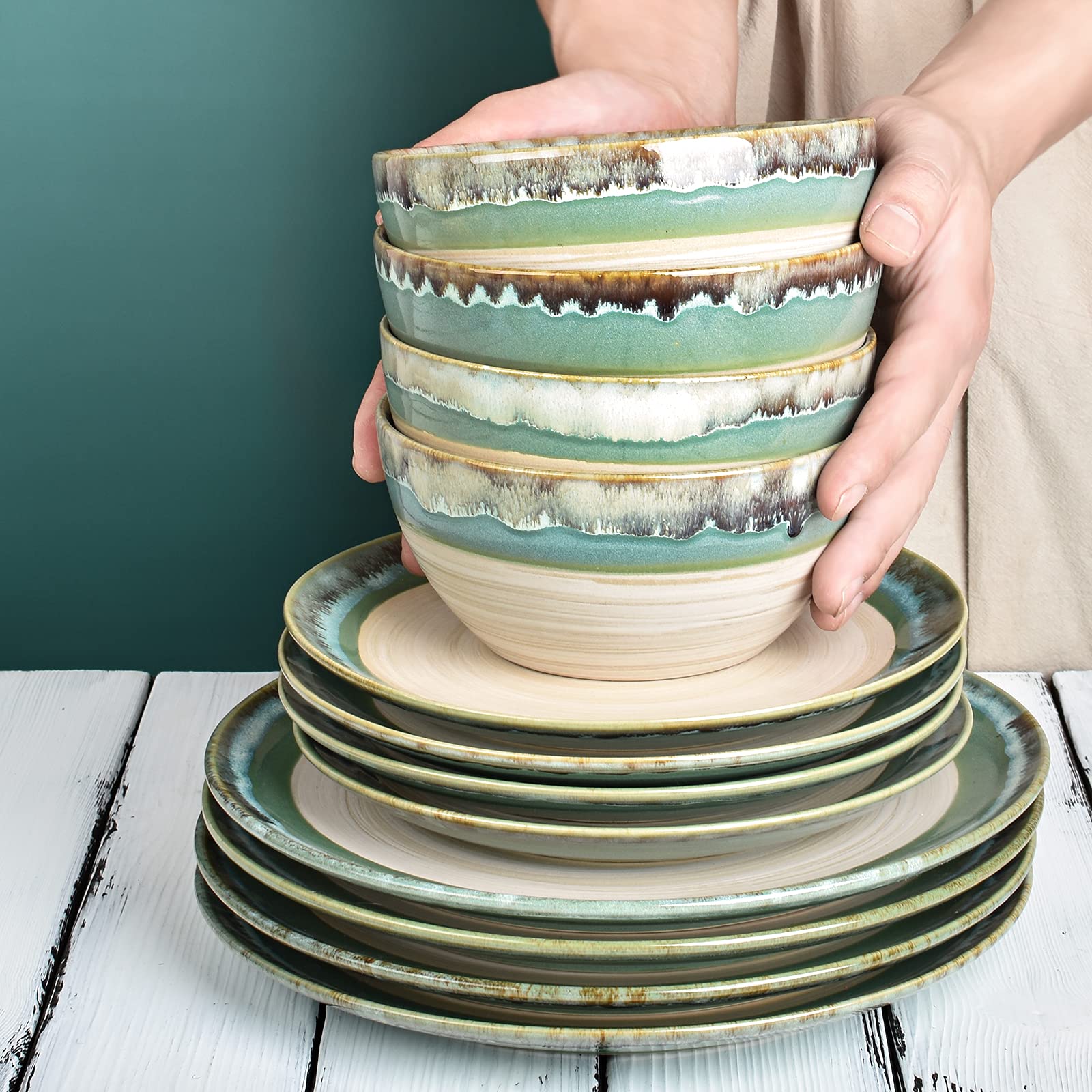 Bosmarlin 12-Piece Stoneware Dinnerware Set for 4 - Microwave & Dishwasher Safe Ceramic Plates & Bowls with Reactive Turquoise Green Glaze | Elegant Table Setting for Family Dinners & Entertaining