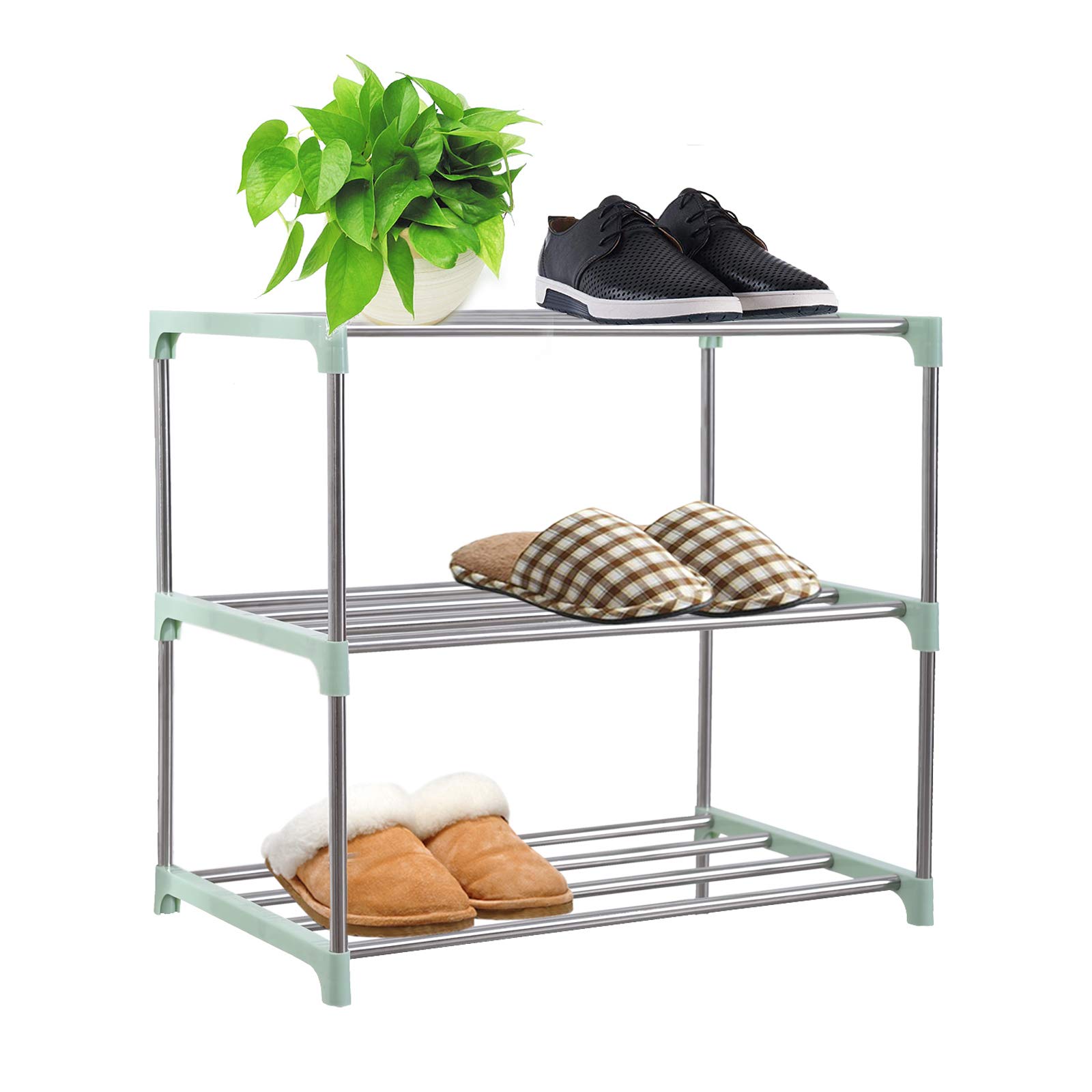 Stackable Small Shoe Rack - 3 Tier Shoe Storage Shelf Organizer for Entryway, Living Room, Hallway | Space Saving Closet & Mudroom Organization (Green)