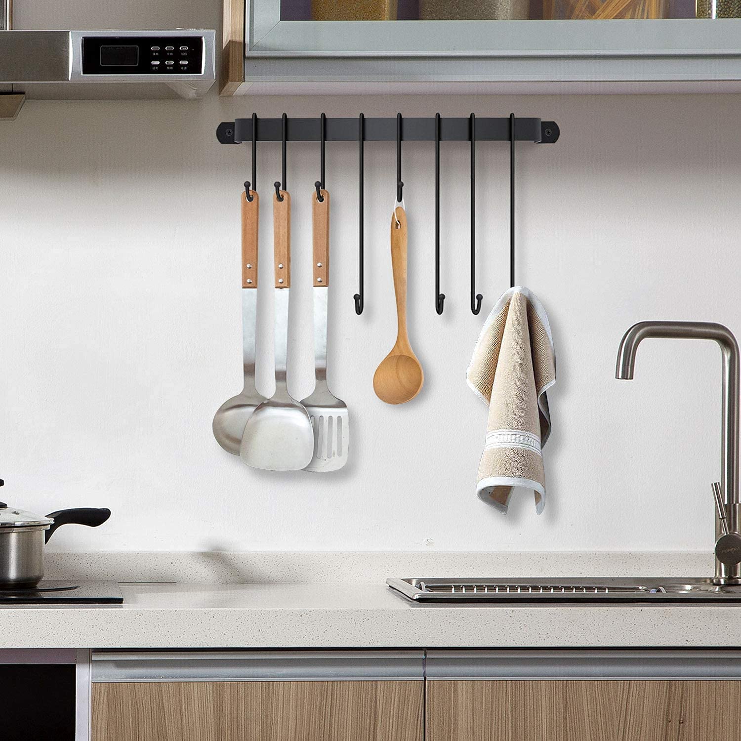 BB DECOR CART Wall Mounted Coffee Mug Holder - 8 Detachable Hooks, Space Saving Kitchen Organizer for Cups & Mugs (Black) - Perfect for Small Kitchens, Coffee Bars & Office Break Rooms