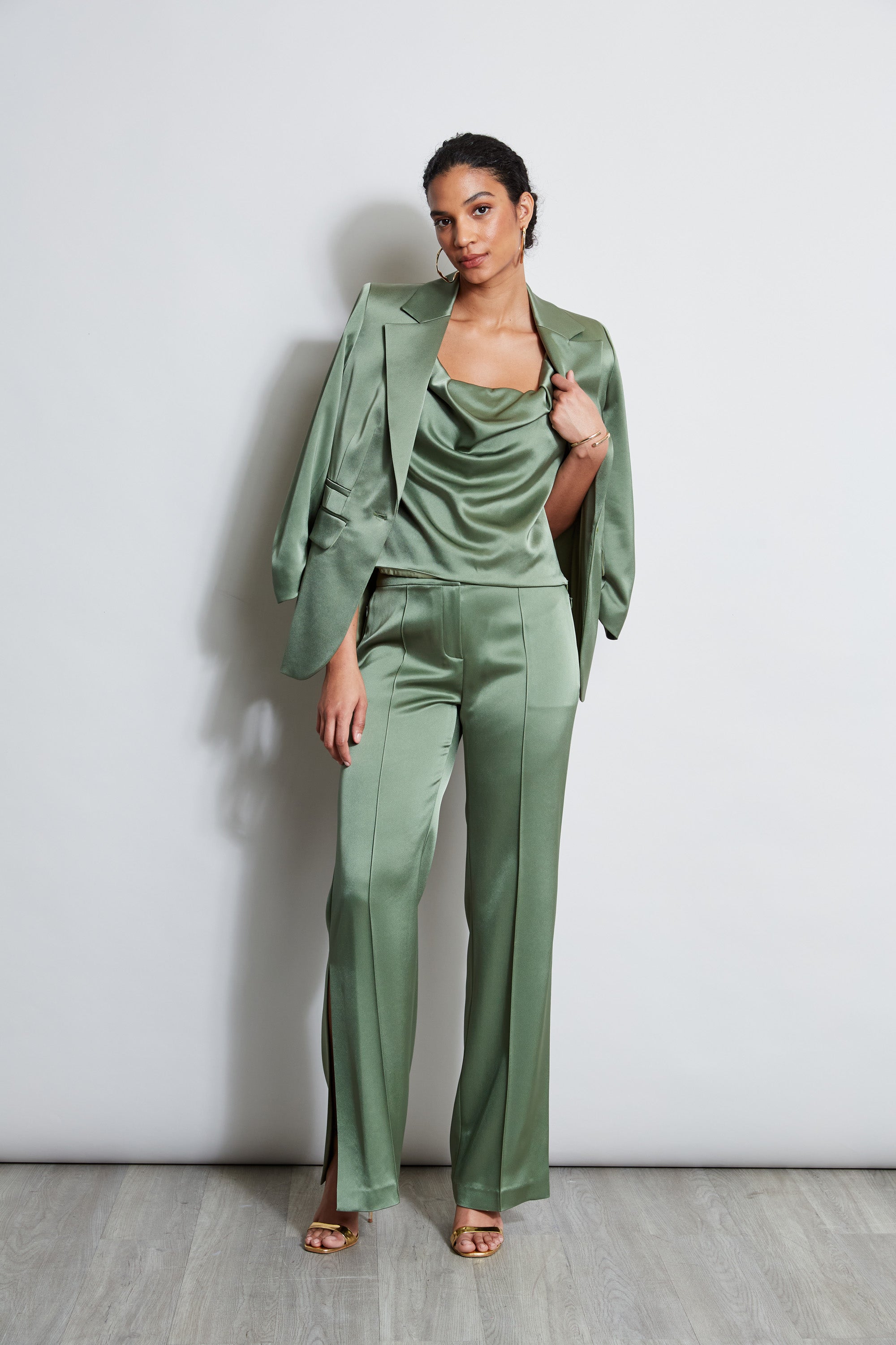 Satin Cowl Neck Cami Top - E401N504 Tuscan Olive - Women's Elegant Layering Piece for Evening Outfits & Special Occasions