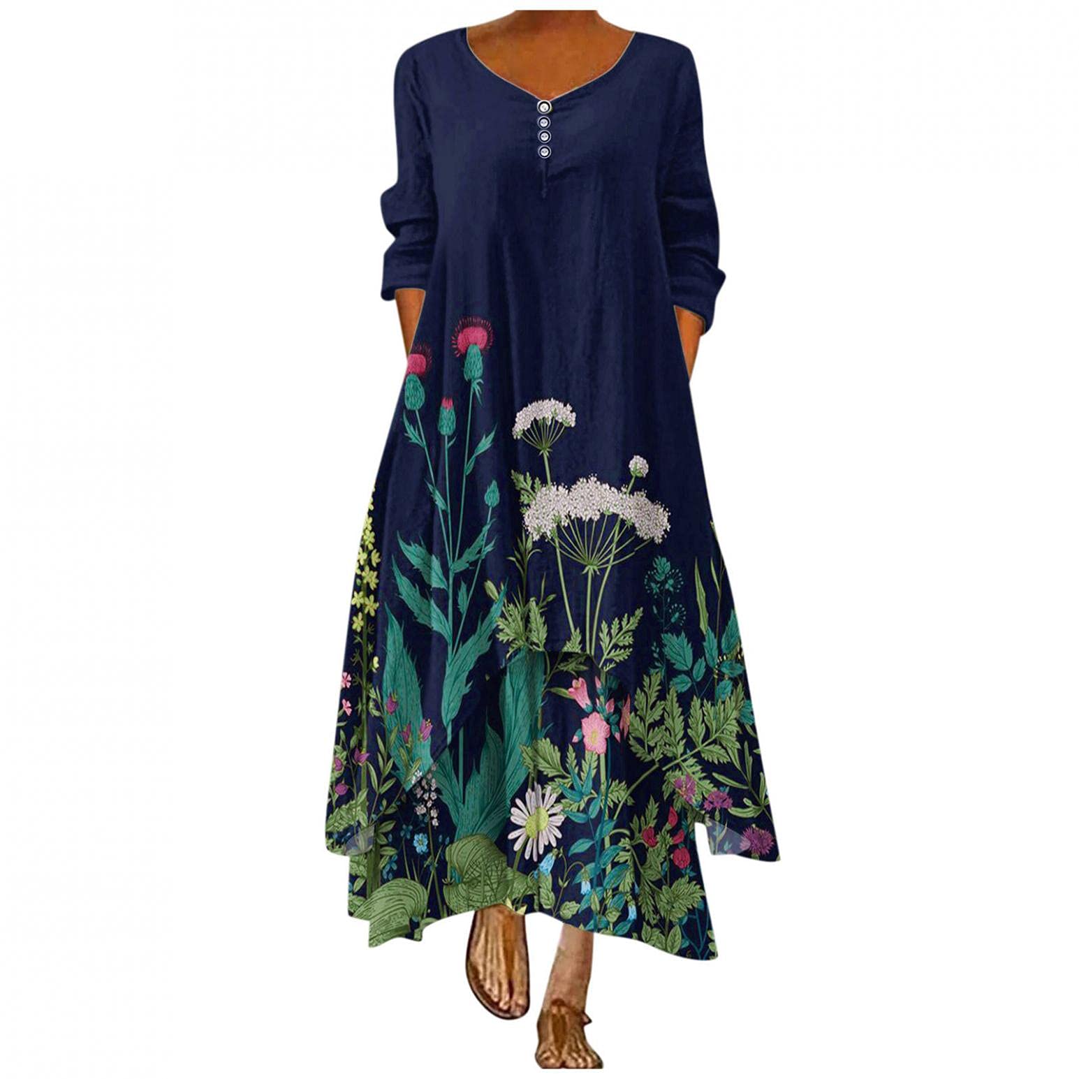 ONHUON Women's Long Sleeve Floral Print Maxi Dress - Casual Loose Fit Winter Cami Dress with Pockets | Perfect for Daily Wear, Office, Date Night & Holiday Outfits
