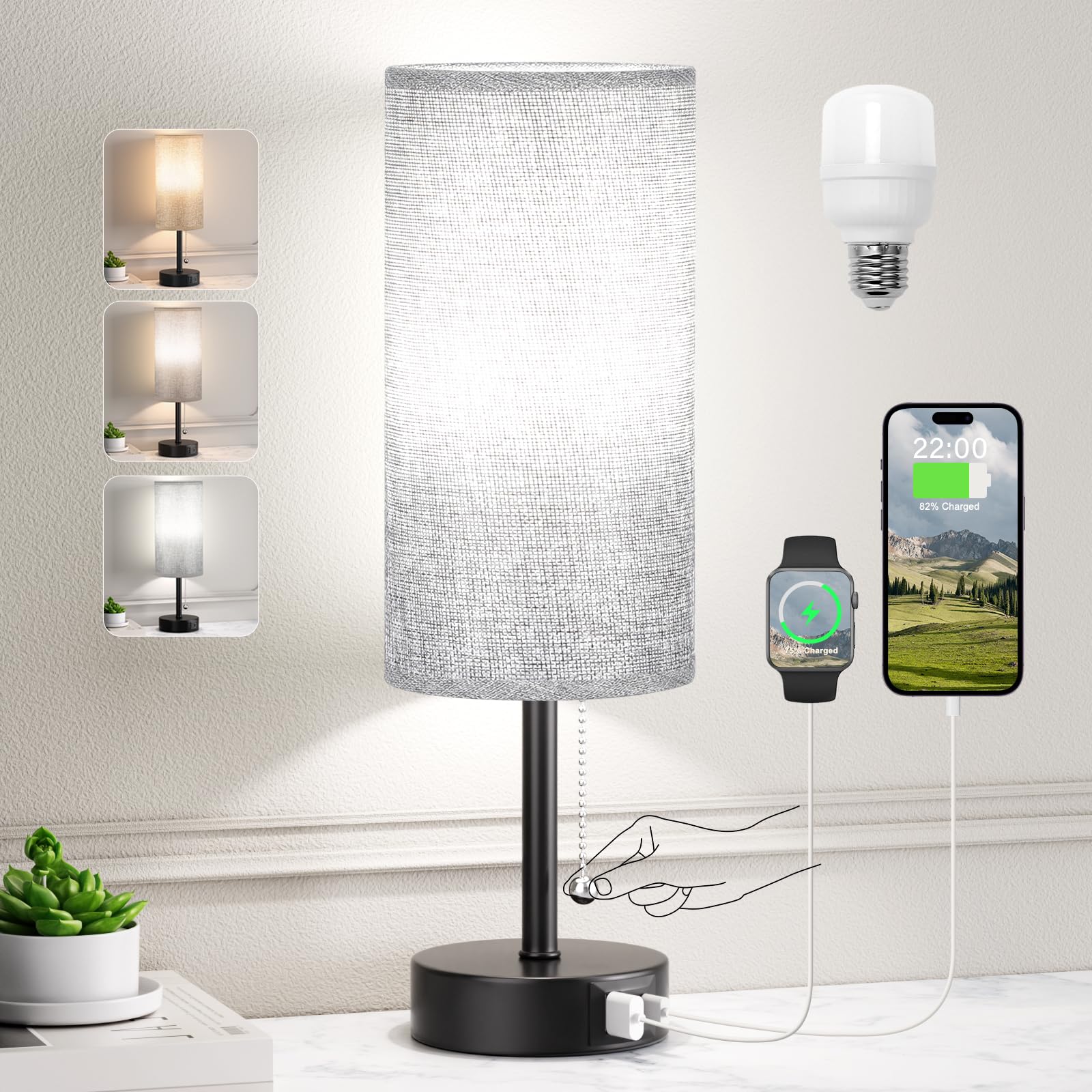 Modern Grey Bedside Lamp with USB A + C Charging Ports - 3-Way Dimmable Nightstand Light with Pull Chain, Adjustable Color Temperature, Includes LED Bulb - Perfect for Bedroom, Living Room, Dorm & Office Reading