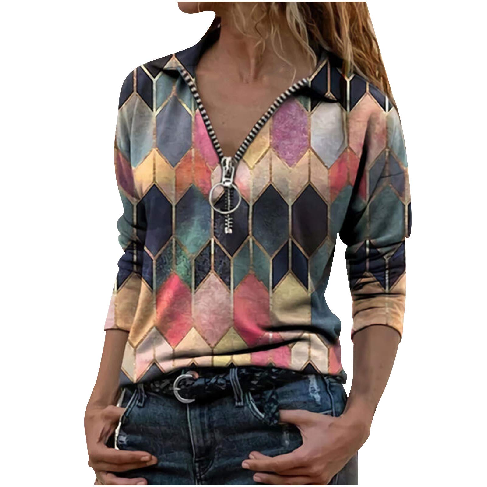 2022 Women's Long Sleeve Geometric Print Tie-Dye T-Shirts | Sexy Hawaiian Summer Tops & Tunics | Plus Size Casual Wear for Beach, Party & Vacation Outfits