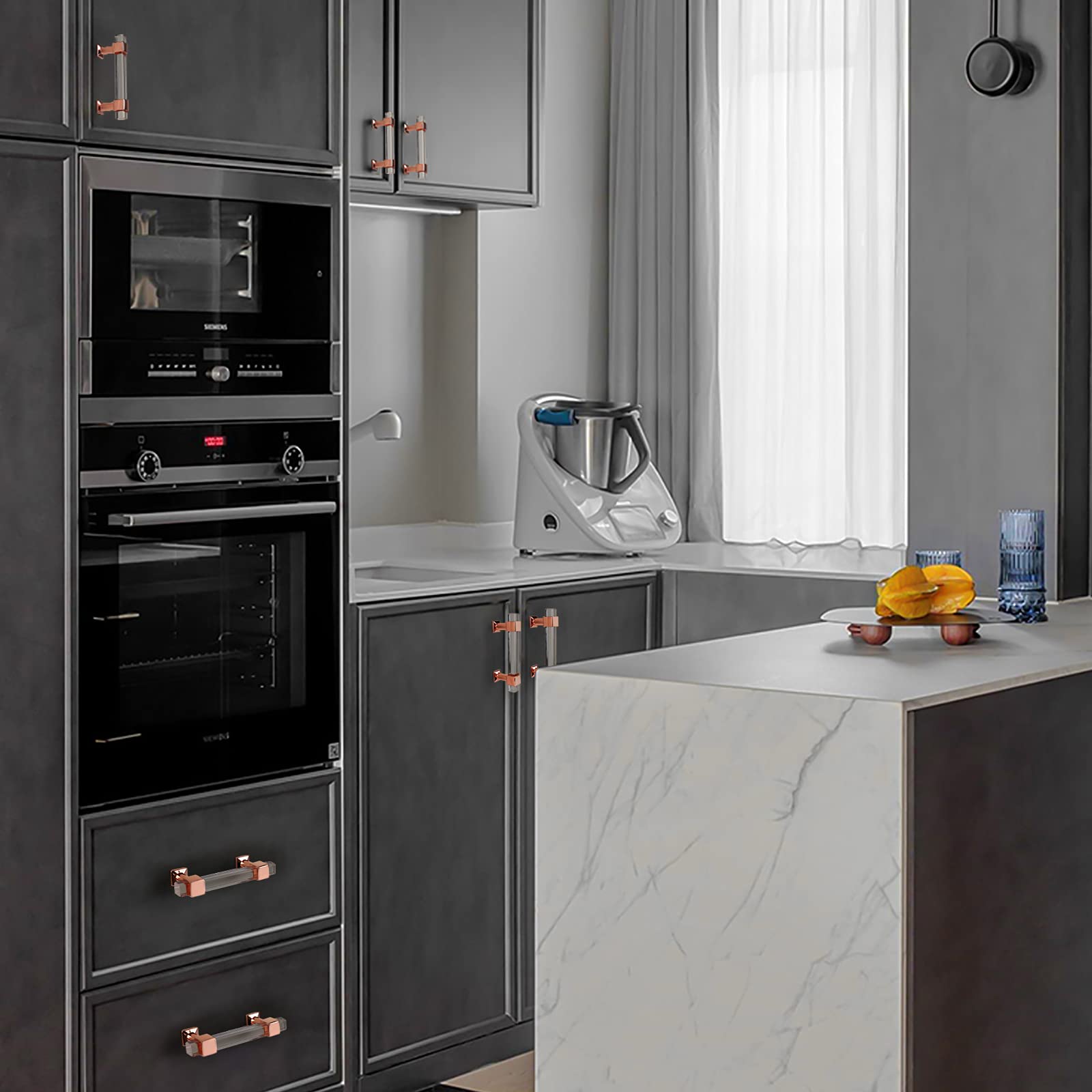 30 Pack Clear Acrylic Cabinet Handles with Rose Gold Finish - 3 Inch Hole Centers Modern Square Drawer Pulls for Kitchen & Bathroom Cabinets - Perfect for Home Renovation, Furniture Upgrade and Interior Decor