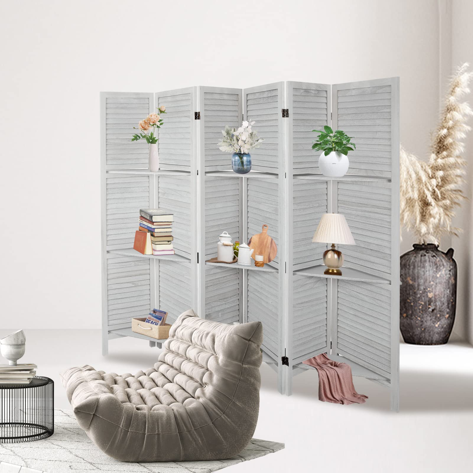 ECOMEX 6-Panel Room Divider with Shelves - White Folding Privacy Screen & Freestanding Partition for Home Office, Studio Apartment | Space-Saving Temporary Wall for Room Separation & Organization