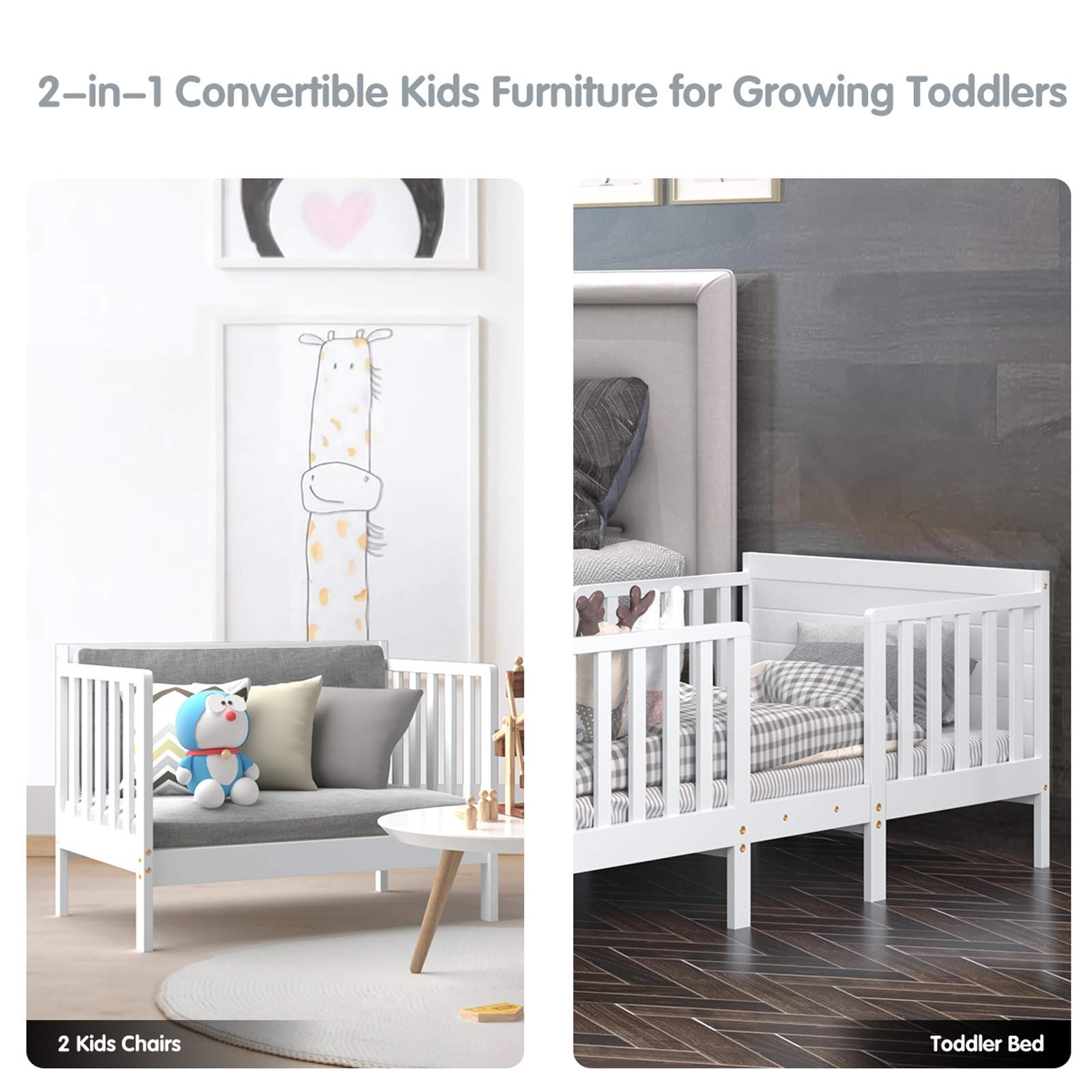 Costzon 2-in-1 Convertible Wood Toddler Bed Frame with Safety Guardrails & Footboard - White Kids Floor Bed for Boys & Girls - Fits Full Size Crib Mattress - Perfect for Nursery, Daycare or First Big Kid Bed