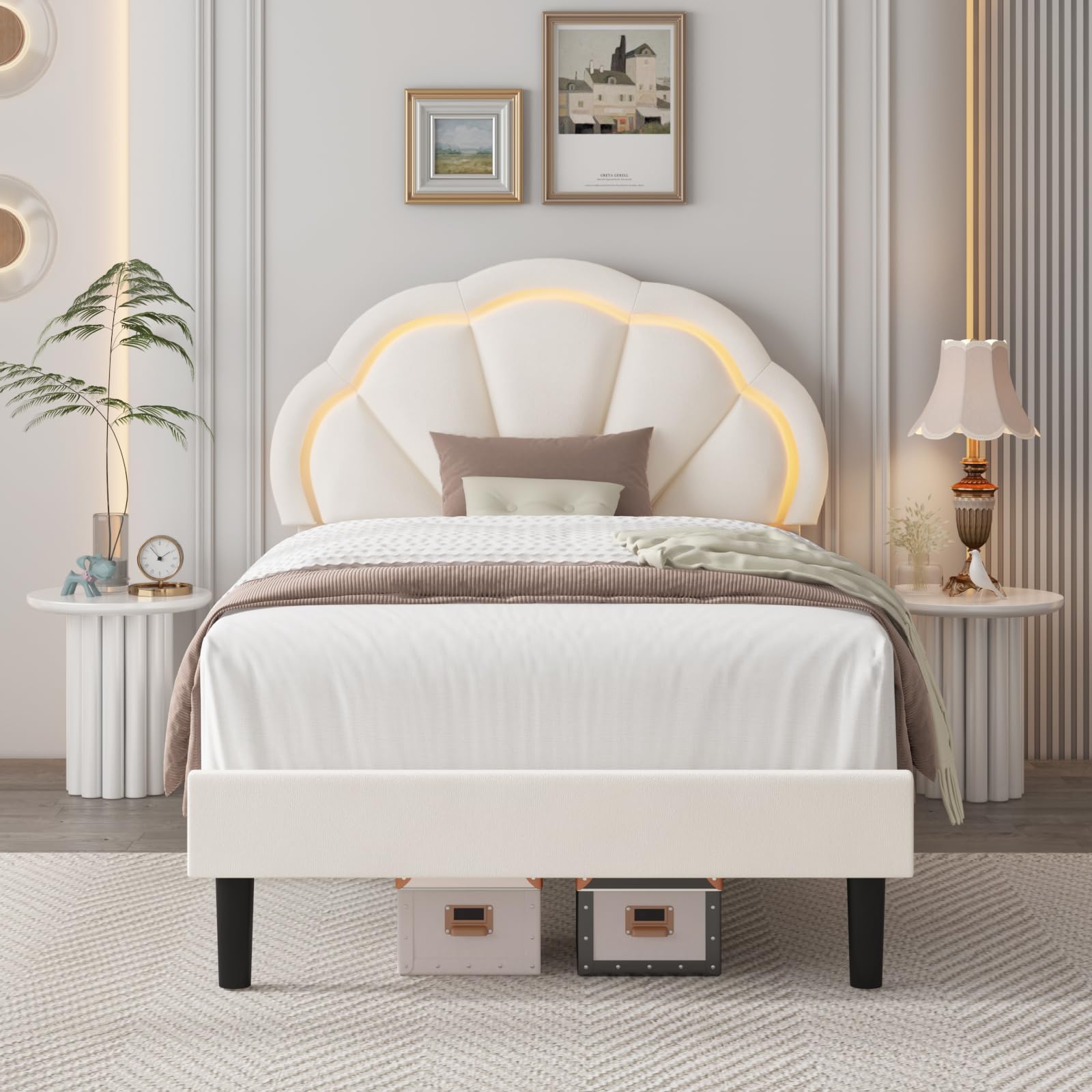 HIFIT Twin Upholstered Smart LED Bed Frame with Adjustable Chic Petal Headboard - Princess Twin Size Platform Bed for Kids & Girls - Wooden Slats Support - No Box Spring Needed - Easy Assembly - Beige - Perfect for Bedrooms, Dorm Rooms & Kids' Rooms