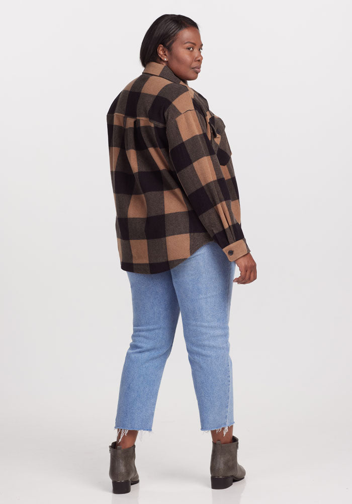 Sawyer Shacket - Camel Checkered Flannel Shirt Jacket for Men & Women | Cozy Fall & Winter Layering | Outdoor Hiking, Camping, Casual Wear