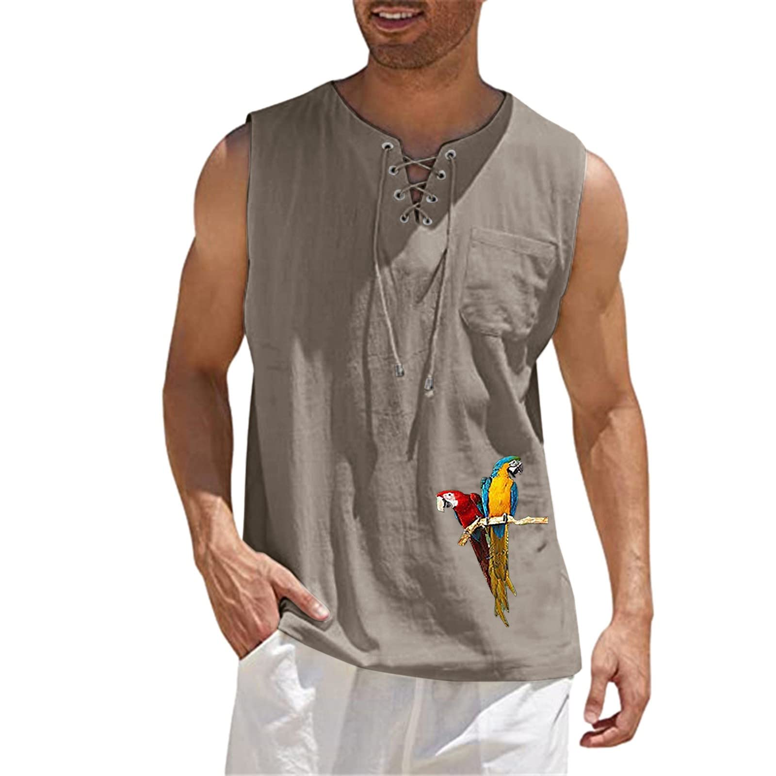 XXBR Men's Cotton Linen Sleeveless Shirt - Summer Drawstring V-Neck Hippie Vest, Loose Fit Casual Tank Top with Parrot Print | Perfect for Beach, Music Festivals & Boho Style Outfits