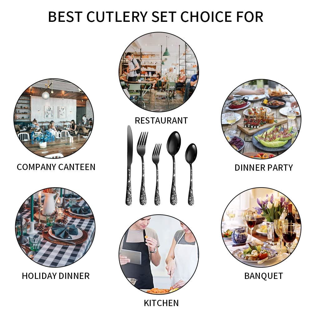 40-Piece Black Floral Stainless Steel Silverware Set for 8 - Modern Unique Pattern Cutlery with Knives, Forks & Spoons - Elegant Tableware for Home, Kitchen, Wedding & Dinner Parties