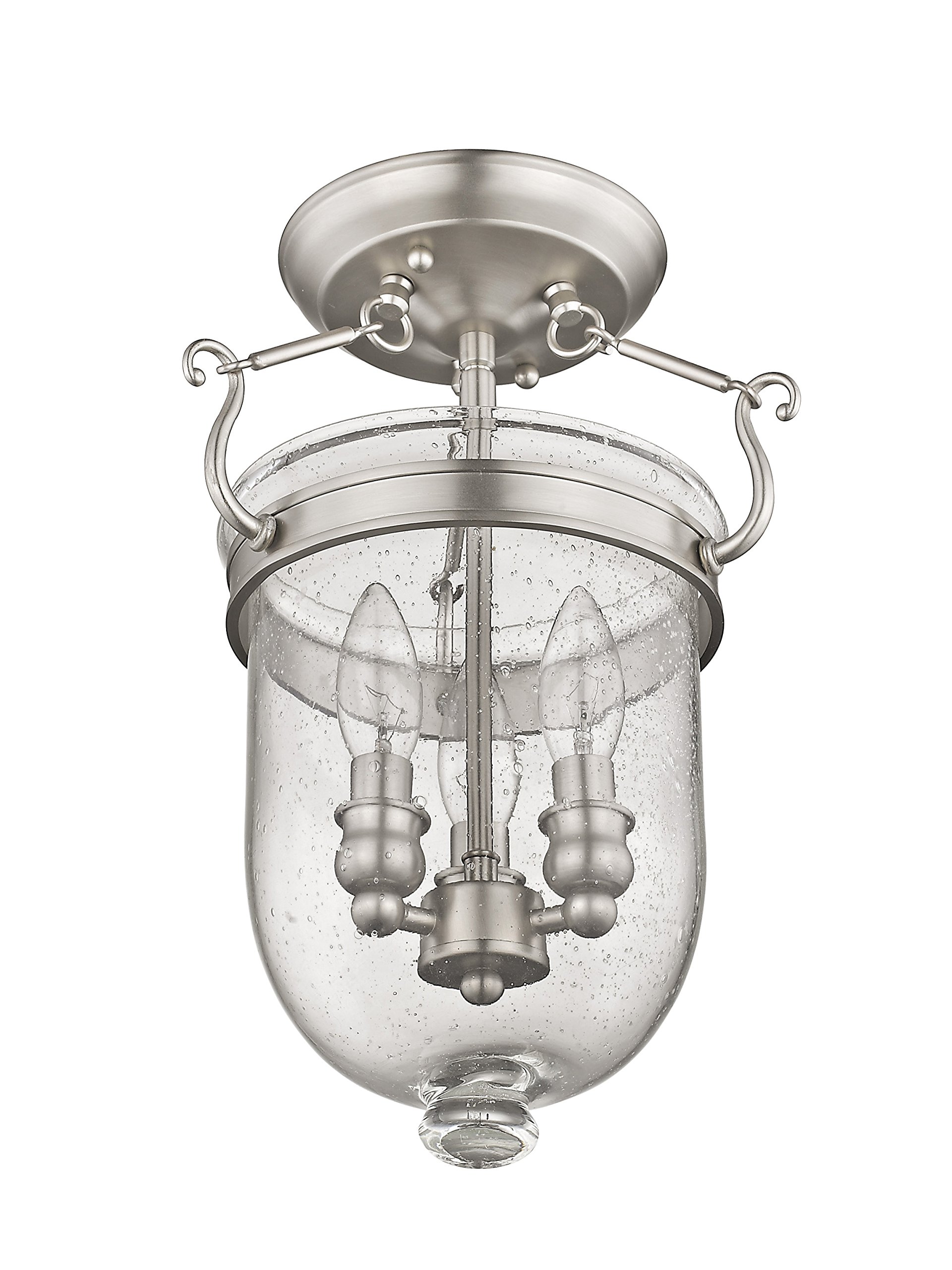 Livex Lighting Jefferson 3-Light Brushed Nickel Semi-Flush Mount Bell Jar Chandelier with Seeded Glass - Perfect for Dining Room, Bedroom, or Entryway Lighting