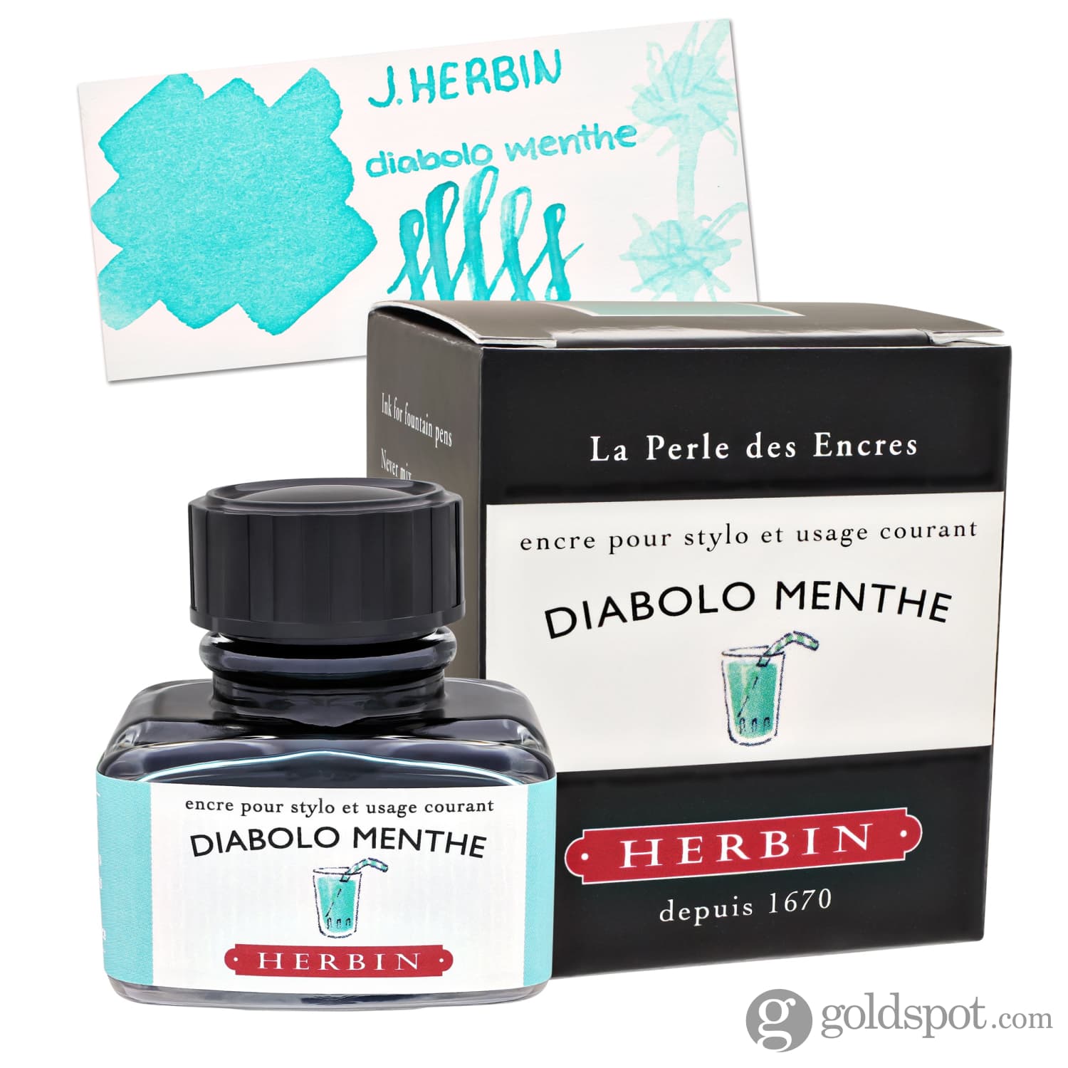 J. Herbin Diabolo Menthe Mint Lemonade Fountain Pen Ink - Refillable Bottle for Calligraphy, Journaling & Letter Writing - Vibrant Green Shade for Artistic Writing