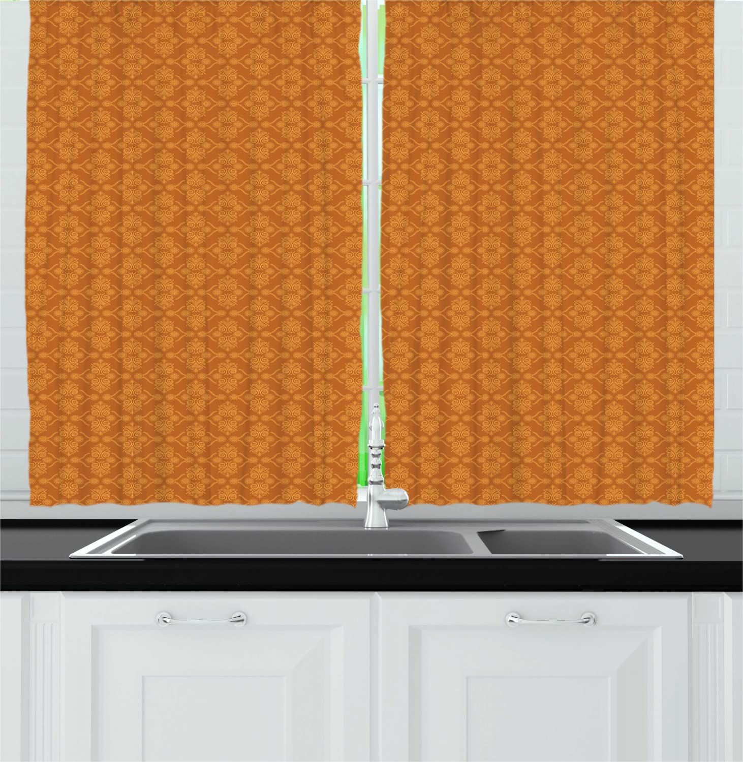 Ambesonne Vintage Victorian Baroque Floral Kitchen Curtains - Earth Tone Damask Drapes with Rod Pocket, 55x45 Inches, Burnt Orange - Perfect for Farmhouse, Cottage & Traditional Kitchen Decor