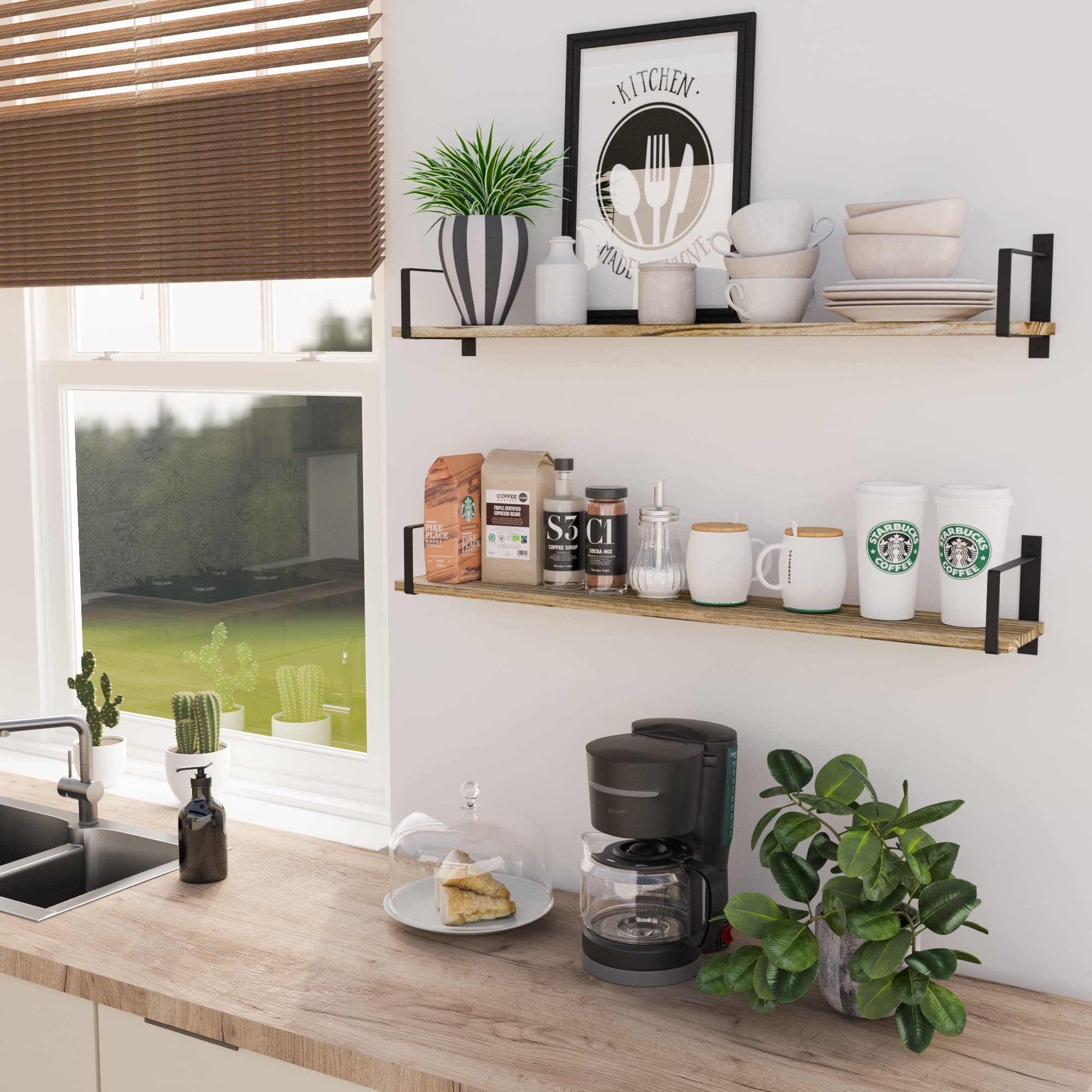 Wallniture Toledo 36 Inch Long Wood Floating Shelves Set of 2 - Rustic Burnt Finish Wall Mounted Shelves for Living Room, Bathroom, Bedroom & Kitchen - Perfect for Books, Decor & Storage | Home Organization & Space Saving Solution