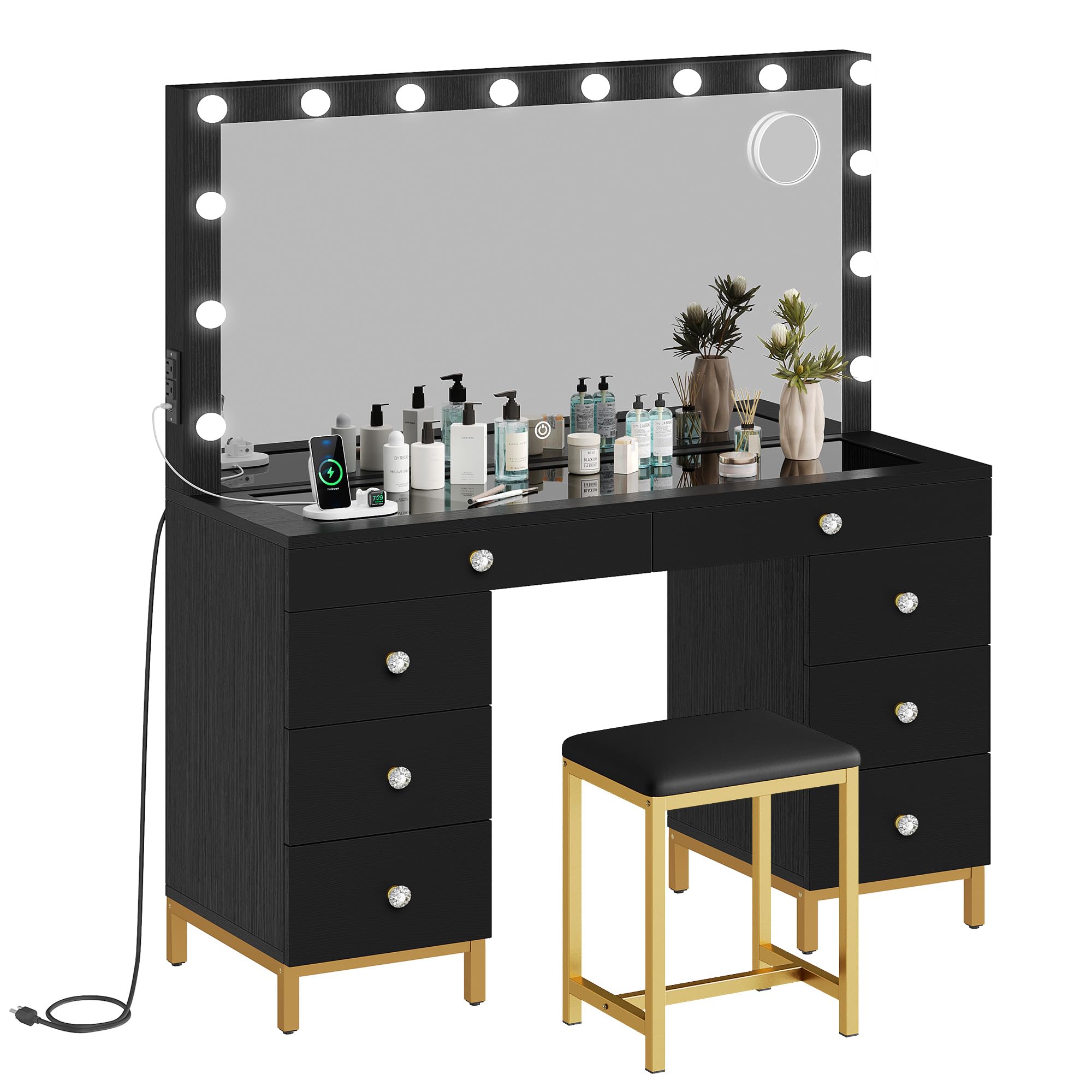 YITAHOME Vanity Desk with Mirror, Power Outlet & 14 LED Lights, Makeup Dressing Table with 8 Drawers, 3 Adjustable Lighting Colors - Perfect for Bedroom, Dressing Room & Home Salon (Black)
