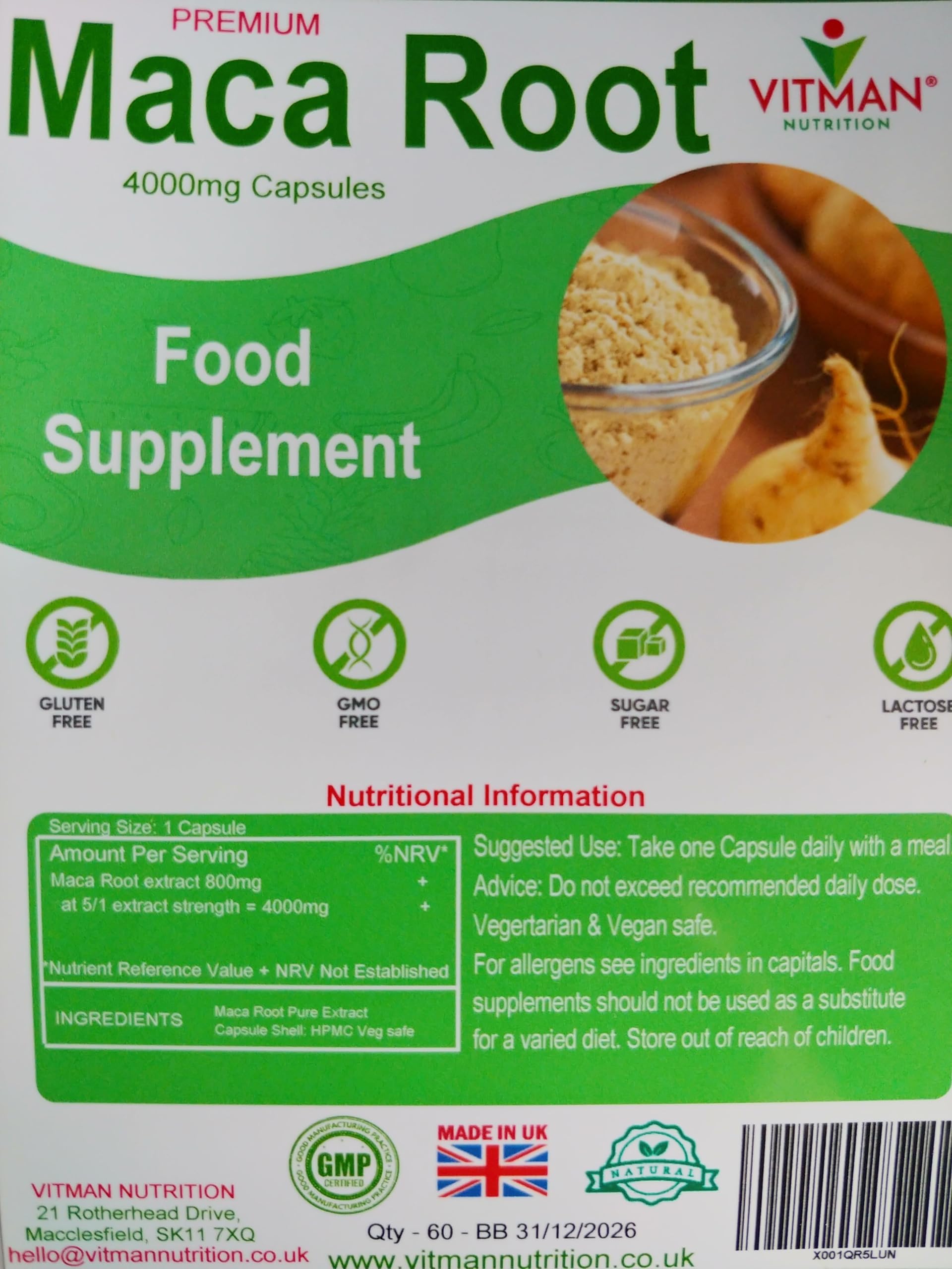 Organic Maca Root 4000mg - 60 Vegan Capsules - 2 Month Supply - High Strength Peruvian Maca Powder for Energy, Libido & Hormone Balance - Made in UK - Perfect for Daily Wellness & Fitness Routines