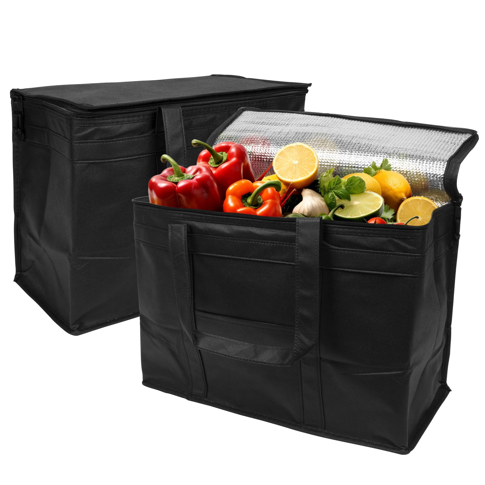 Black Insulated Food Delivery Bag with Zipper Top - Thermal Grocery & Catering Tote for Takeout, Meal Prep & Picnics | Perfect for Uber Eats, DoorDash & Restaurant Deliveries