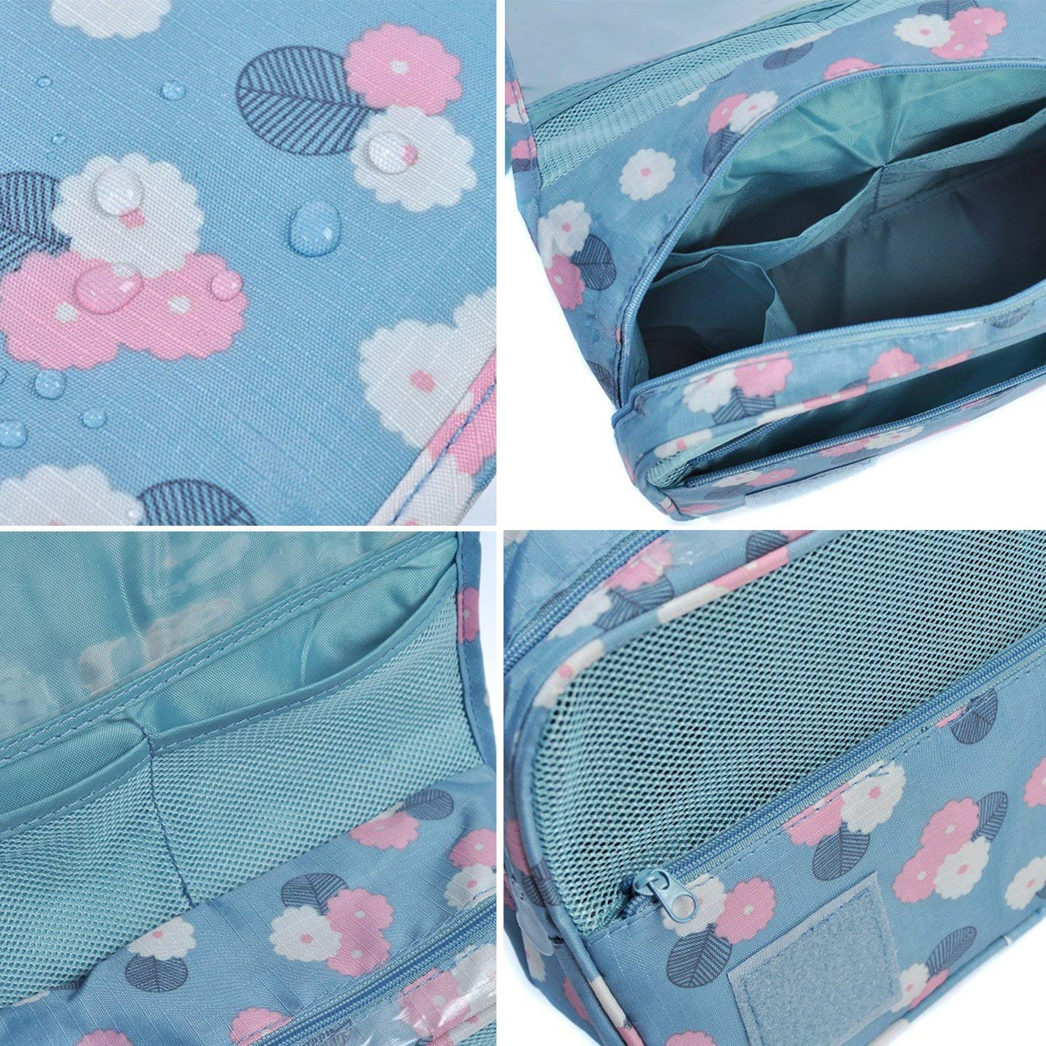 Zonoxo Hanging Cosmetic Bag for Women & Men - Portable Travel Makeup Organizer with Hook - Waterproof Toiletry Pouch for Gym, Vacation & Daily Use (Blue Floral Design, Pack of 1)