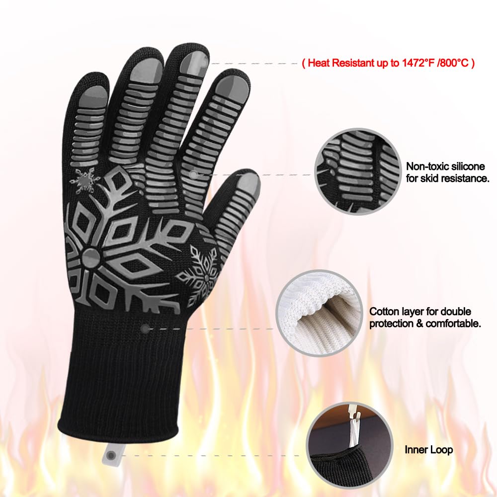 Heat Resistant BBQ Gloves - Comsmart Silicone Non-Slip Fireproof Oven Mitts for Grilling, Barbecue, Cooking & Baking - Perfect for Outdoor Camping, Backyard Parties & Kitchen Use (Gray)