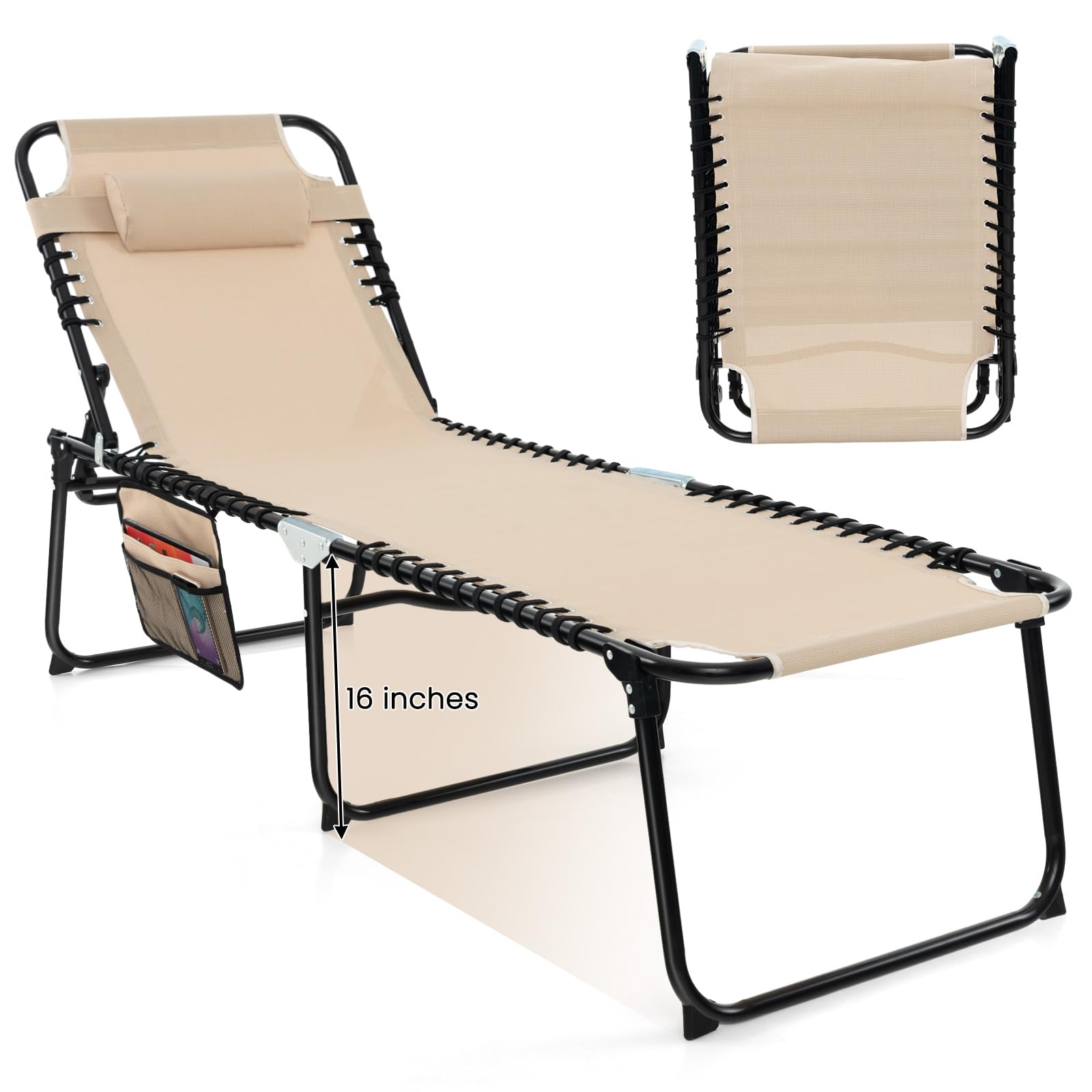 Gymax Extra Tall Folding Beach Chair with Adjustable Backrest, Footrest & Removable Pillow - Portable Sun Lounger for Poolside, Patio, Backyard, Beach Tanning & Outdoor Relaxation (Sand Color with Storage Pocket)
