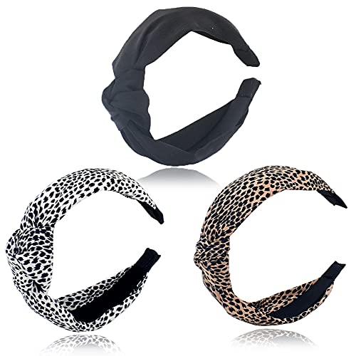 BEGOOD Women's Leopard Print Knotted Headband - 2PCS Black Fashion Hair Accessories for Women & Girls | Wide Top Knot Turban Headbands for Workout, Yoga, and Casual Wear