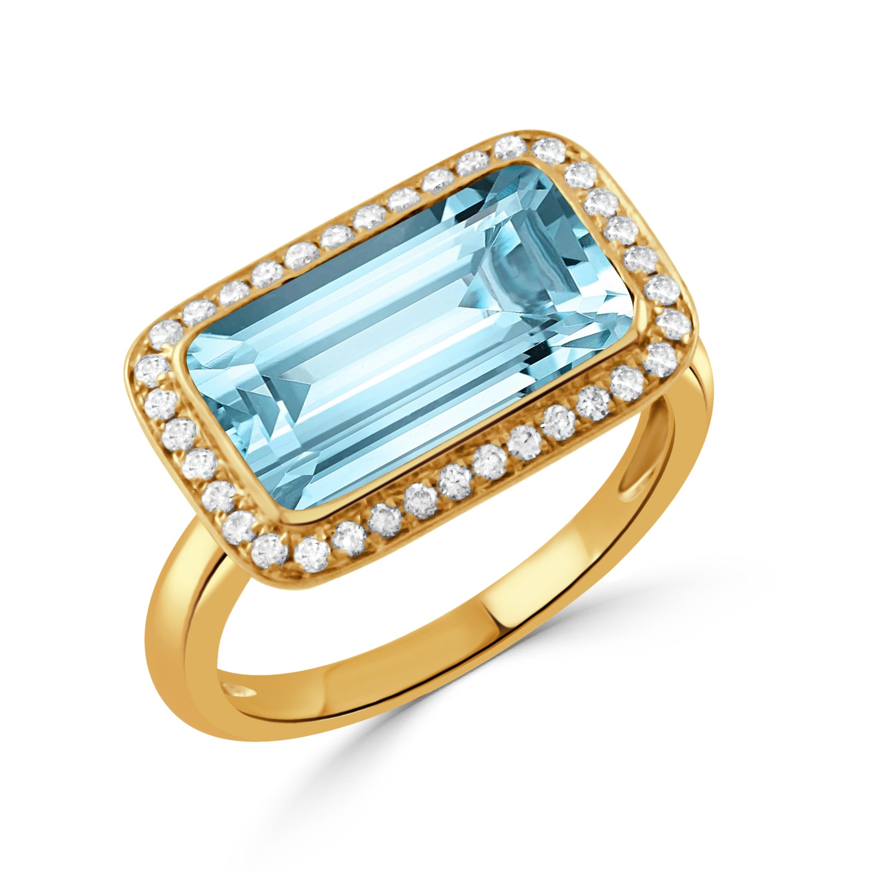 Emerald Cut Blue Topaz & Pavé Diamond Halo 18K Yellow Gold Ring for Women - Elegant Engagement, Wedding, Anniversary Jewelry Gift