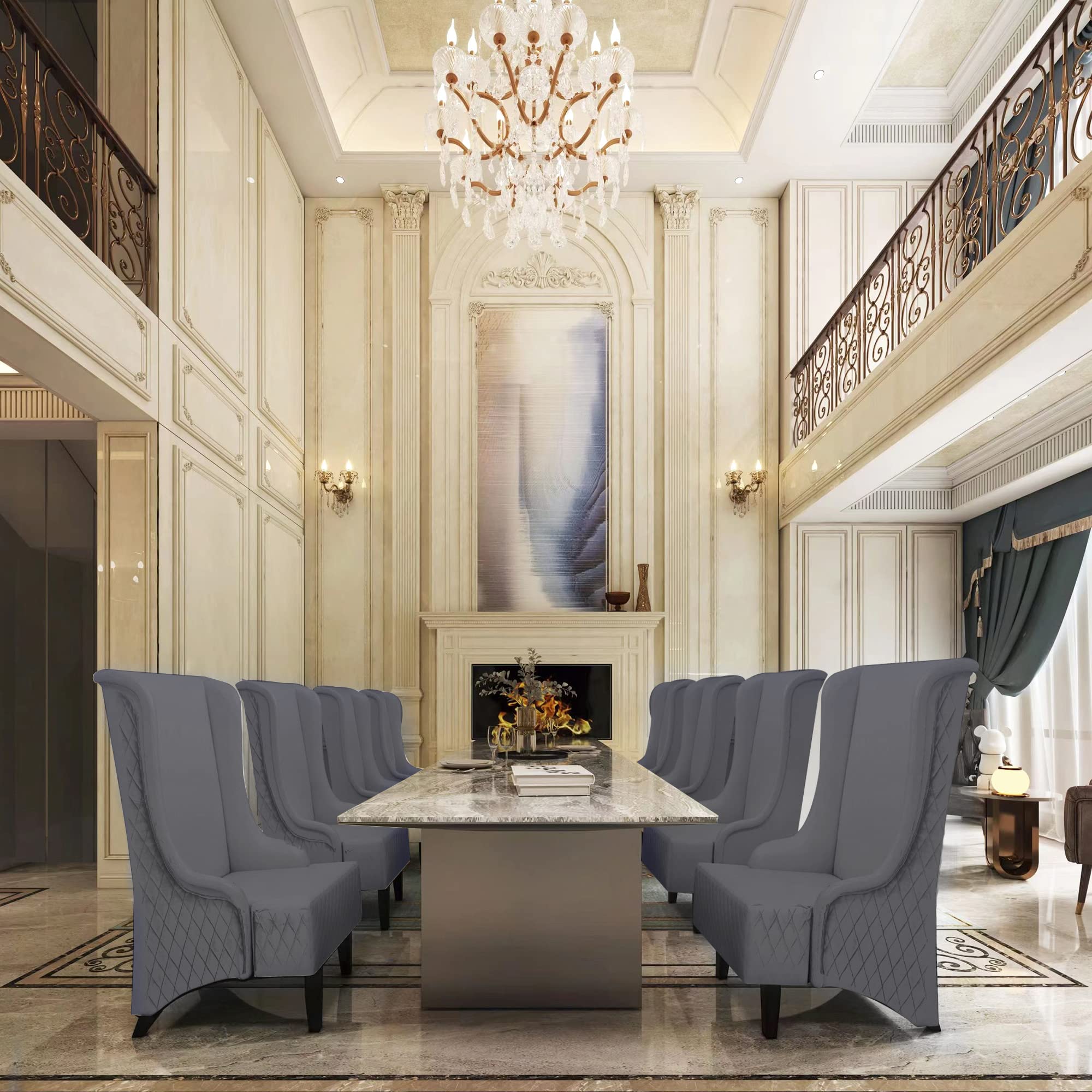 Wing Back Dining Chair - High Back Velvet Upholstered Side Chair for Living Room, Retro Accent Armless Throne Seat in Grey | Perfect for Bedroom, Dining Room, Banquet & Dinner Parties
