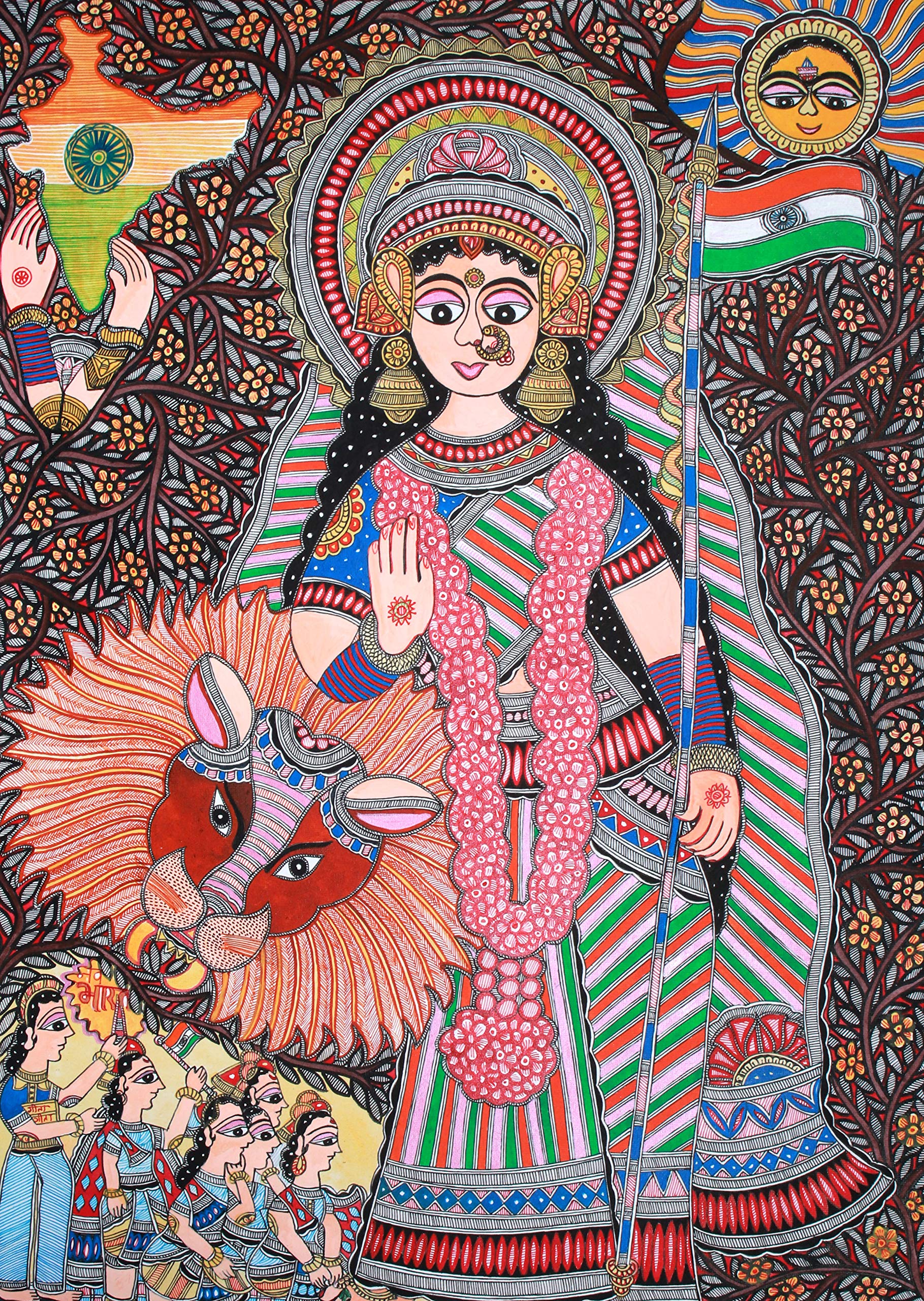 Authentic Madhubani Painting of Goddess Durga - Handmade Indian Folk Art on Eco-Friendly Paper - Perfect for Home Decor, Yoga Studios & Spiritual Gifts