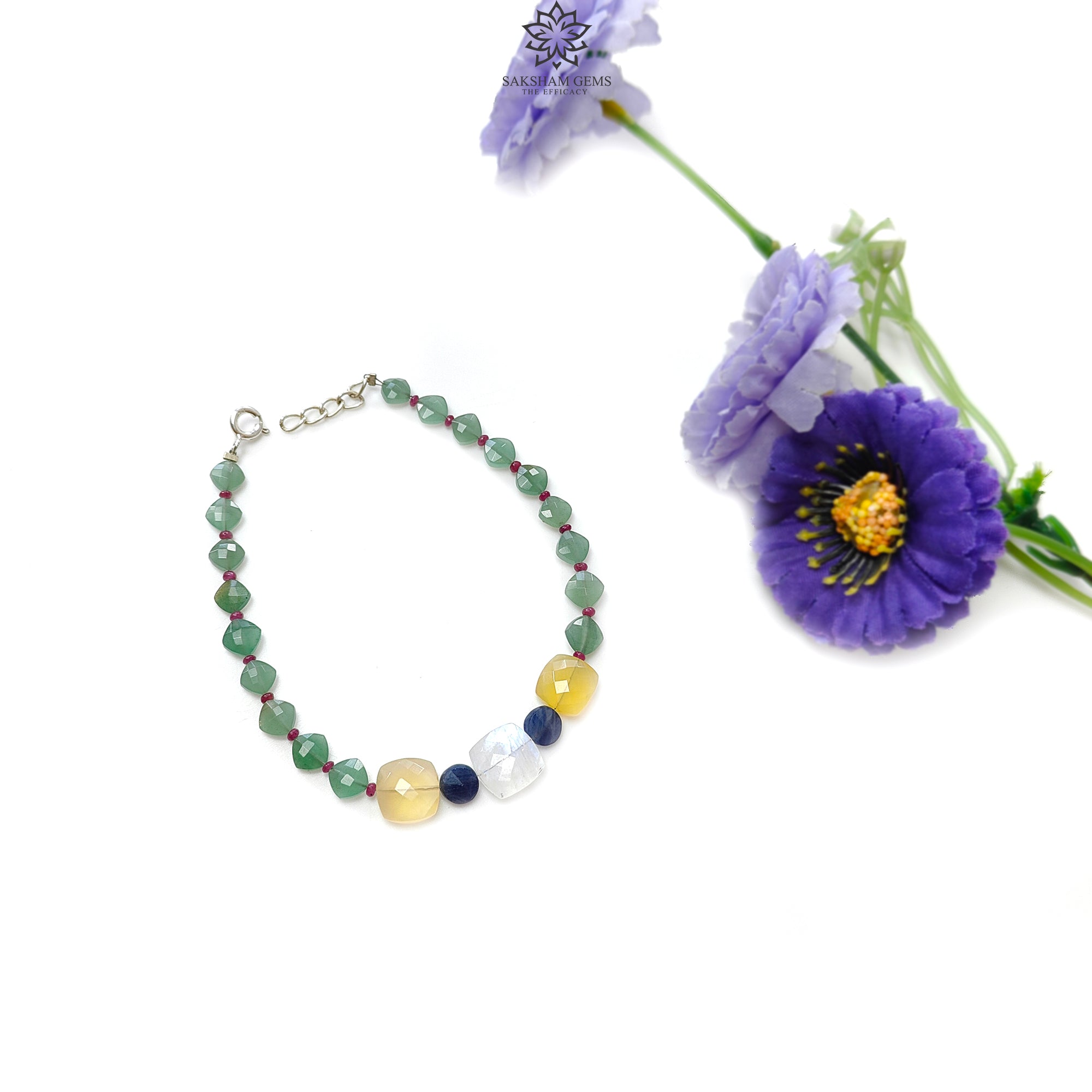 Green Quartz Yellow Opal Moonstone Sapphire Ruby Gemstone Beaded Bracelet - 925 Sterling Silver Checker Cut 5.96g 8.25 Inch | Elegant Handmade Jewelry for Women, Perfect for Parties, Weddings & Gifts