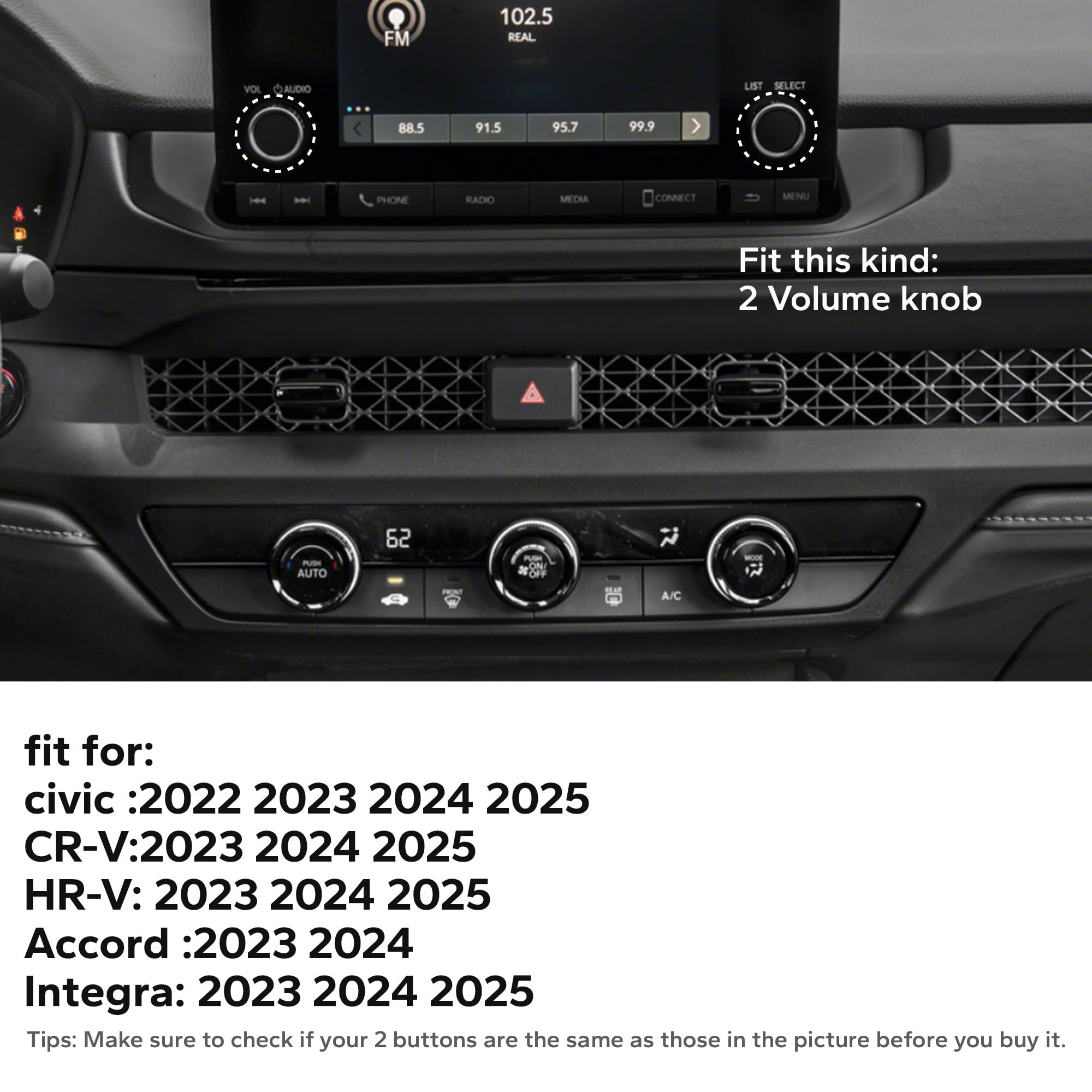 2022-2025 Honda Accord/HRV/CRV/Civic Interior Accessories Kit - 8pcs Silver AC Knob Cover, Volume Control, Warning Lights & Push Start Button Trim Ring | Premium Car Dashboard Decor & Protection
