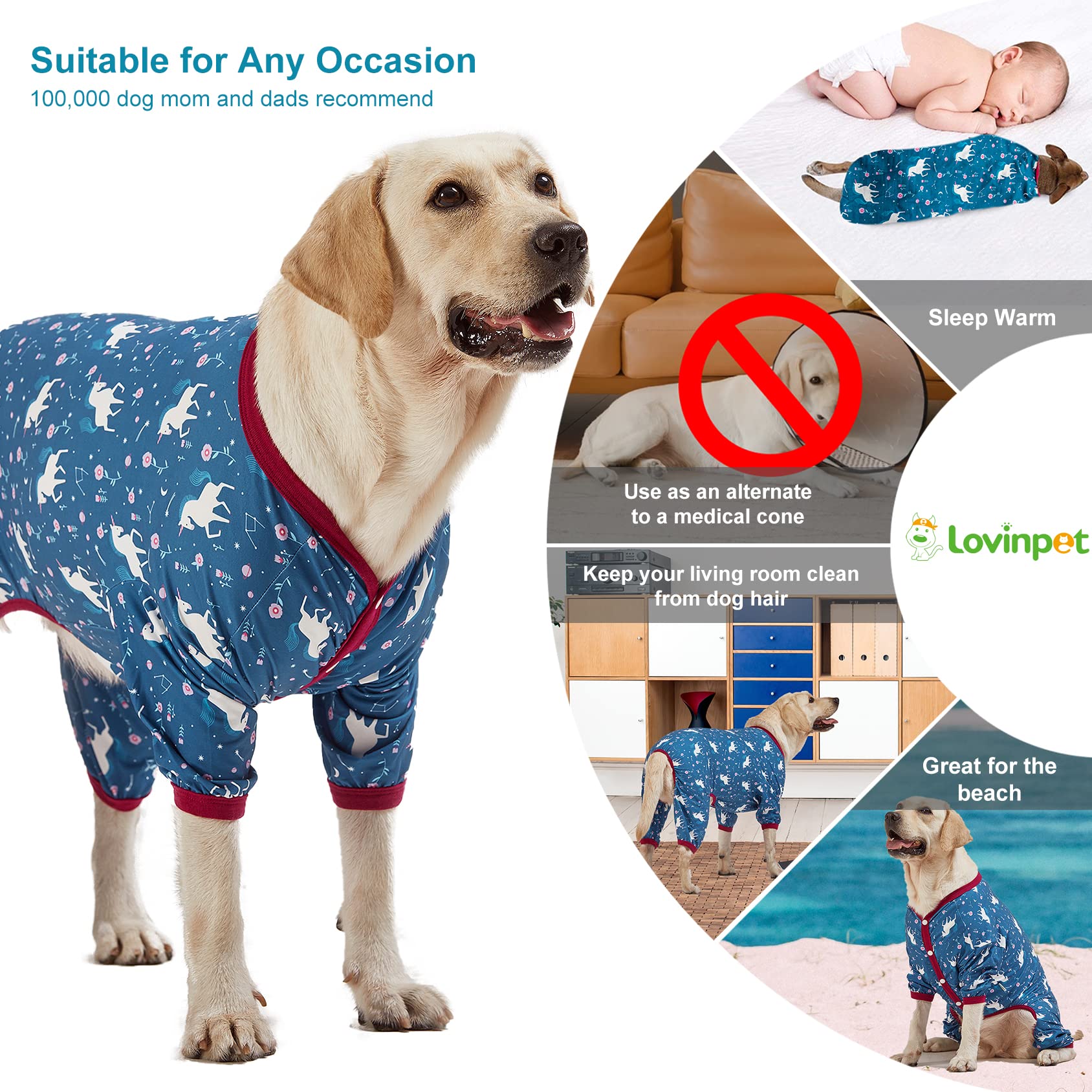LovinPet Large Dog Shirt - Anti Licking Dog Undershirt for Coats, Anxiety Relief Onesie, Floral Pony Navy Print, Large Breed Dog Clothes & Pajamas | Perfect for Cold Weather, Post-Surgery Recovery, and Calming Anxious Pets