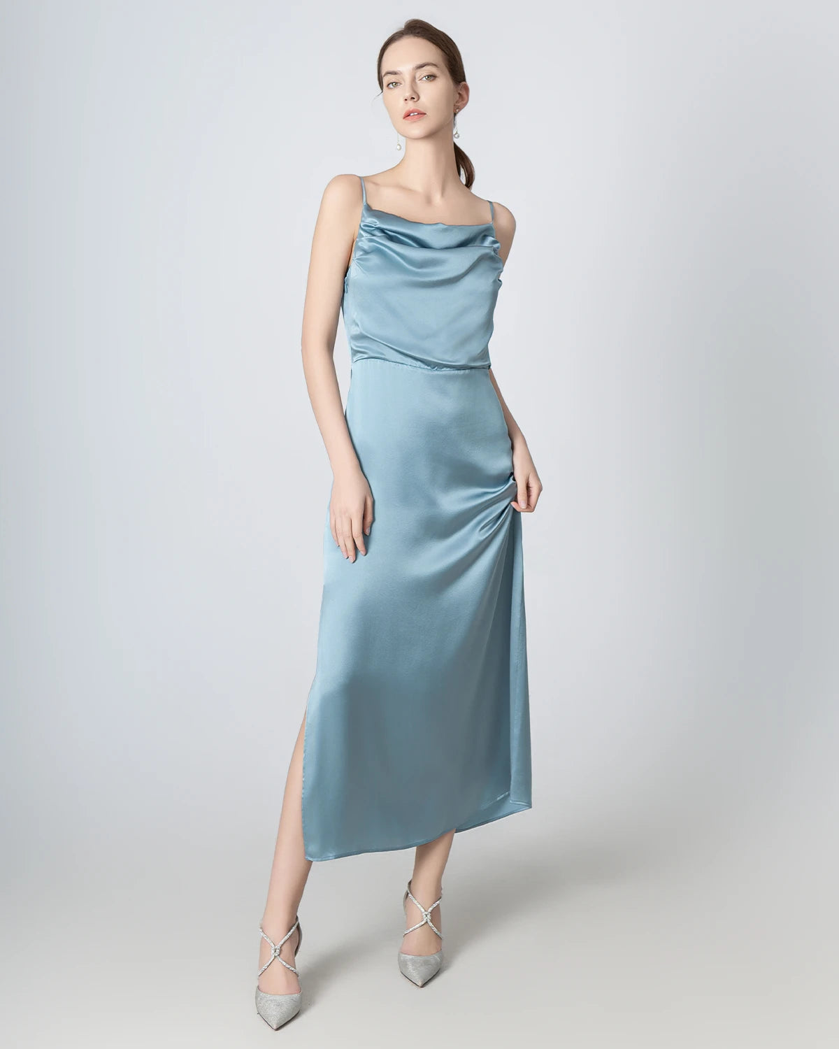 Elegant Pleated Cowl Neck Slit Maxi Silk Dress for Women - Perfect for Weddings, Parties & Evening Events