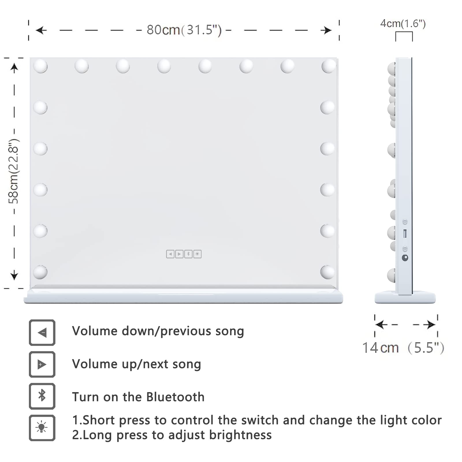 Manocorro Vanity Mirror with Bluetooth Speaker, LED Lights & USB Port - 31.5x22.8 Inch Tabletop/Wall Mount Makeup Mirror for Bedroom, Bathroom & Dressing Room