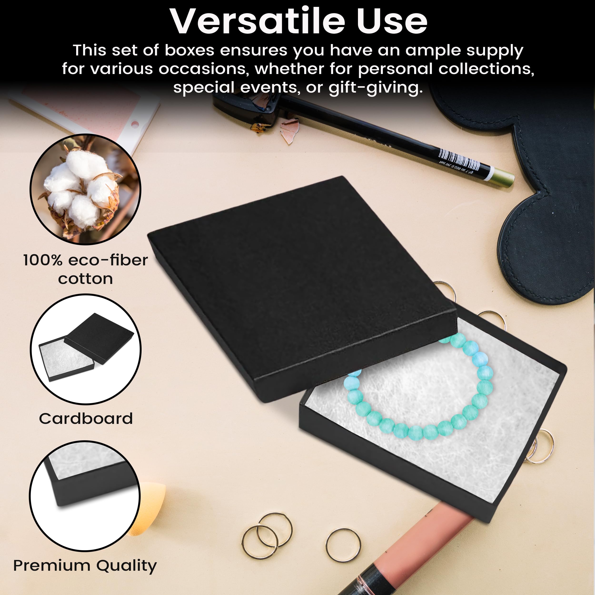 15 Pack Black Jewelry Gift Boxes 3.5x3.5x0.87 Inches - Premium Cardboard Jewelry Storage Box with Cotton Filling & Lid - Made in USA - Perfect for Bracelets, Necklaces, Rings & Earrings - Great for Gifting, Retail Display & Travel Organizer