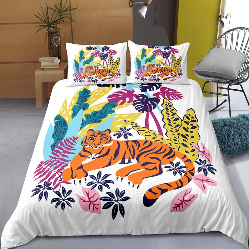 MOUMOUHOME Kids Cartoon Duvet Cover Set - 3D Watercolor Orange/Black Tiger in Tropical Plants Print Twin Size Bedding - Soft & Breathable for Boys/Girls Bedroom Decor - Perfect for Jungle Themed Nursery or Kids Room Makeover