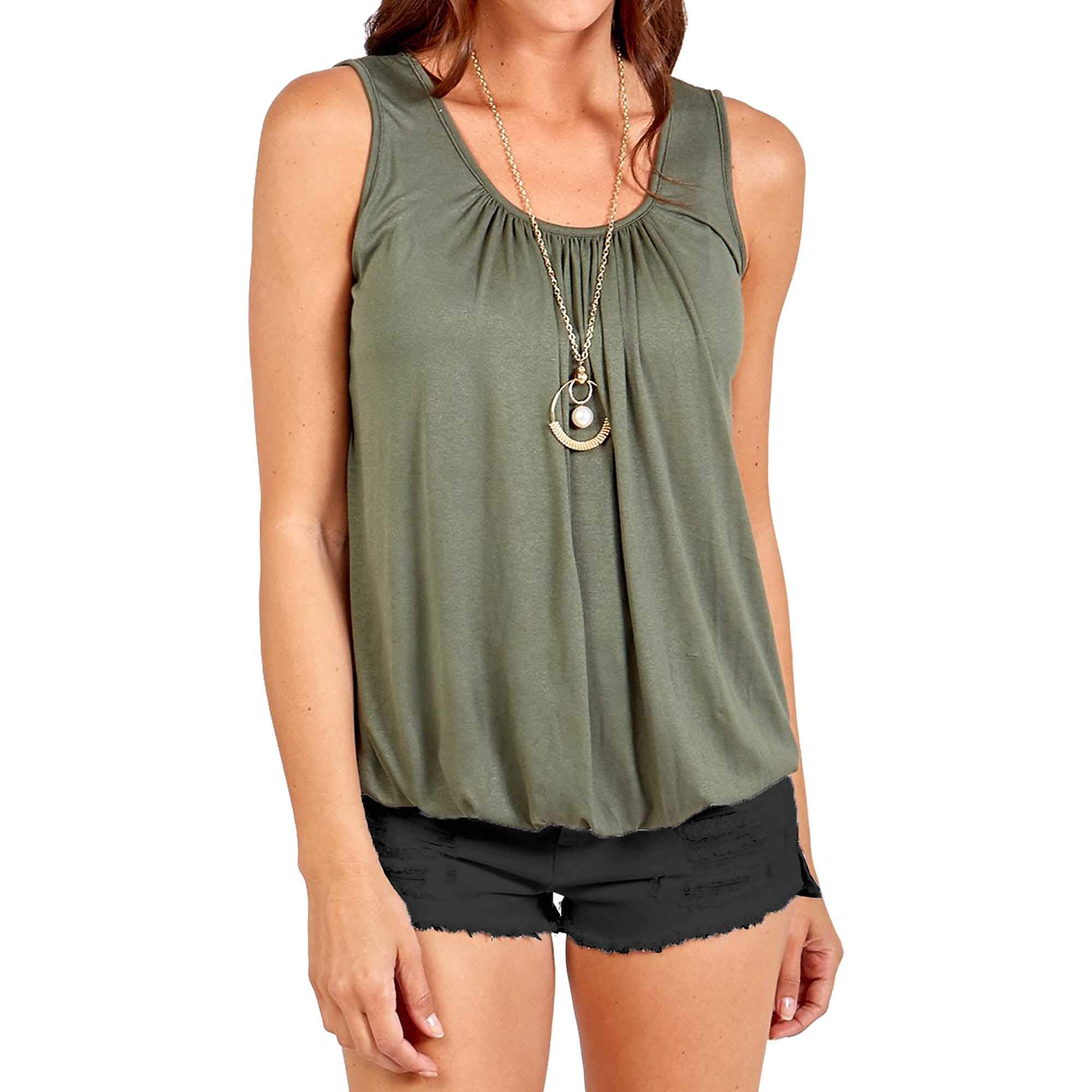 Women's Sleeveless Bubble Hem Vest - Stretchy Scoop Neck Pleated Tank Top with Elasticated Hem | Loose Fit Summer Jersey Top for Casual Wear, Beach Outings & Layering