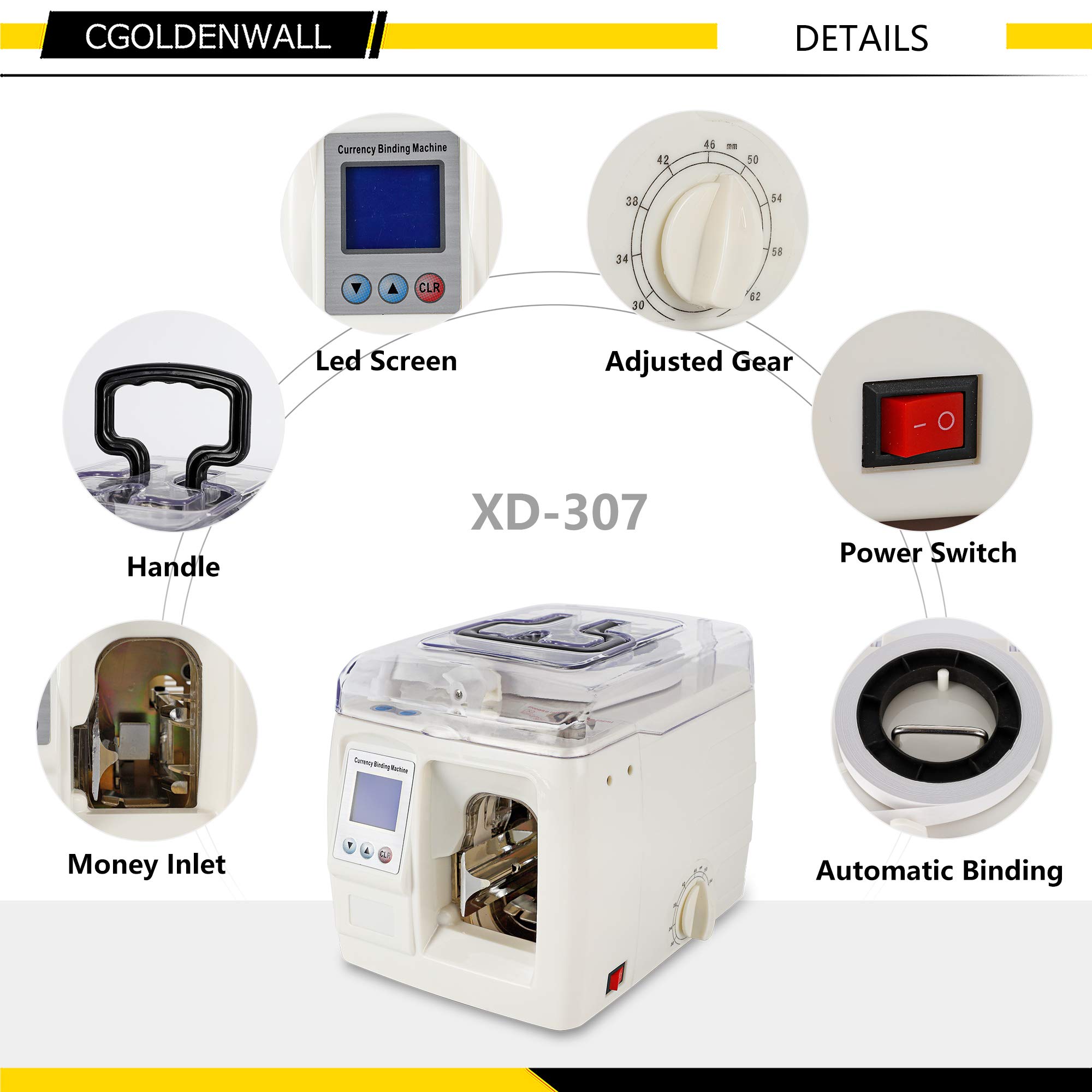 CGOLDENWALL Banknote Strapping Machine with LCD Display - Portable Money Binder for Cash, Bills & Invoices - 110V/220V Currency Bundle Tool for Banks, Retail Stores & Small Businesses