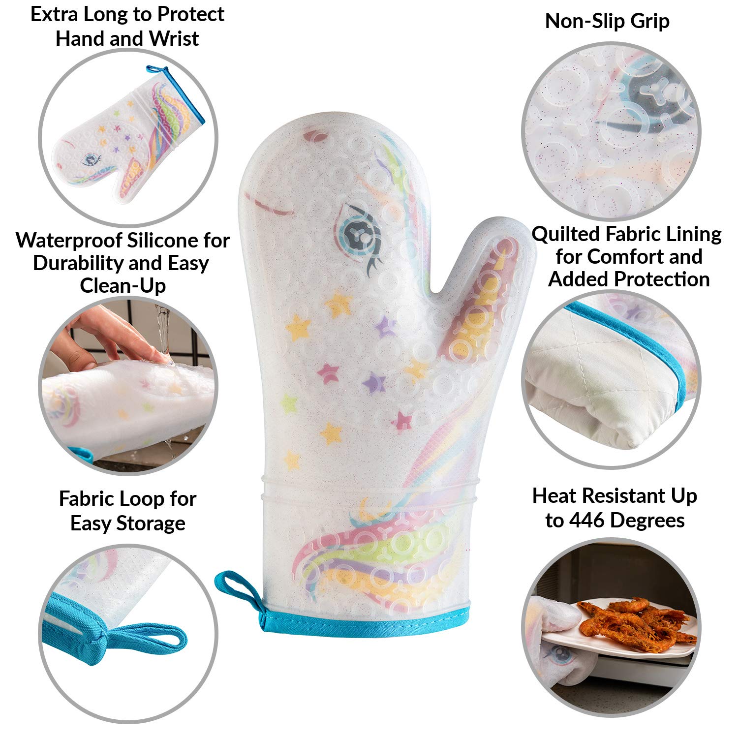 Magic Unicorn Silicone Oven Mitt - Heat Resistant Kitchen Gloves with Quilted Fabric Lining - Funny & Cute Baking Accessories for Women - Perfect for Cooking, Baking, and Holiday Gifts