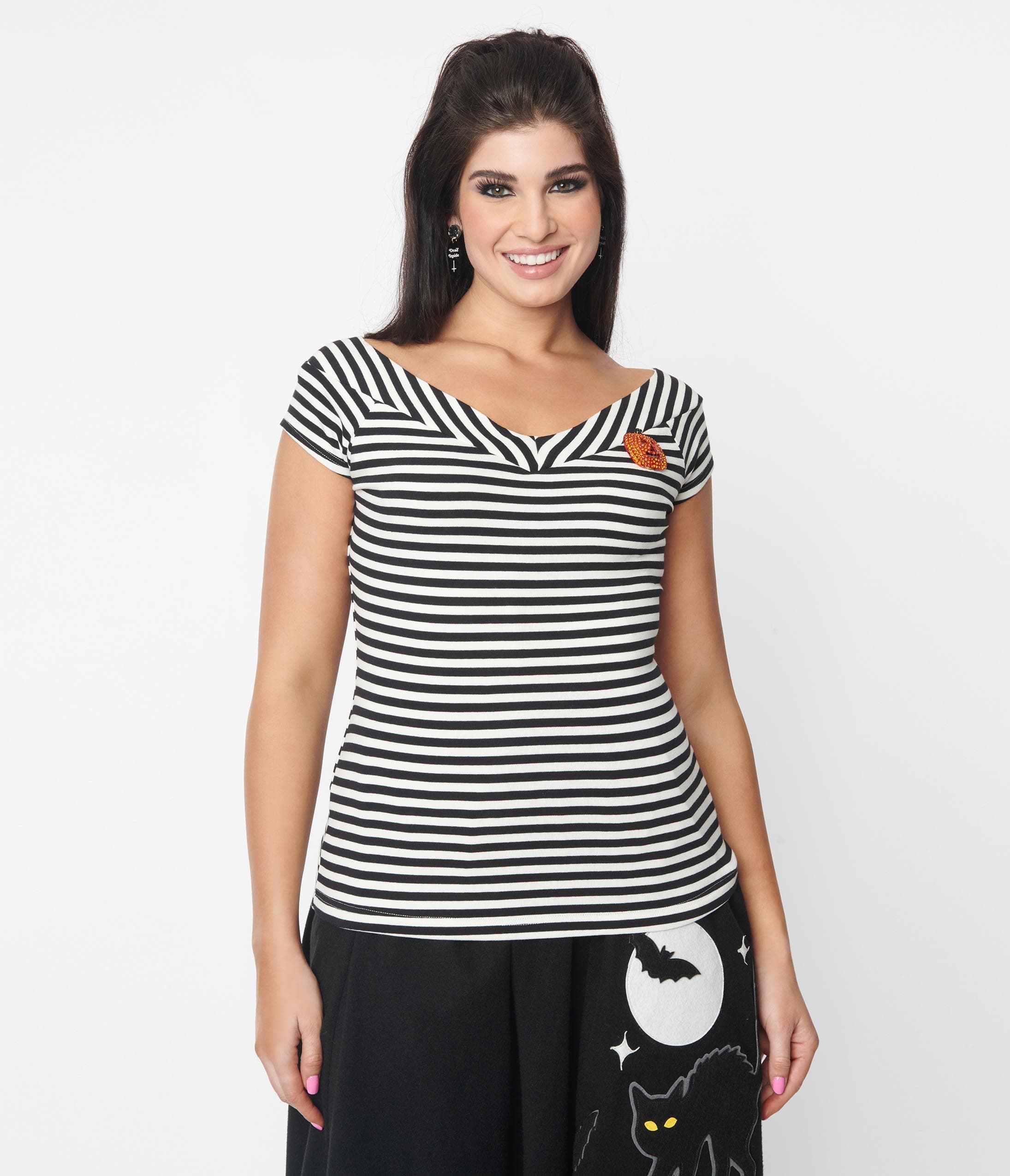 Vintage Black and White Stripe Pumpkin Brooch Deena Top - Retro Fashion Accessory for Fall Outfits, Halloween Costumes & Holiday Parties