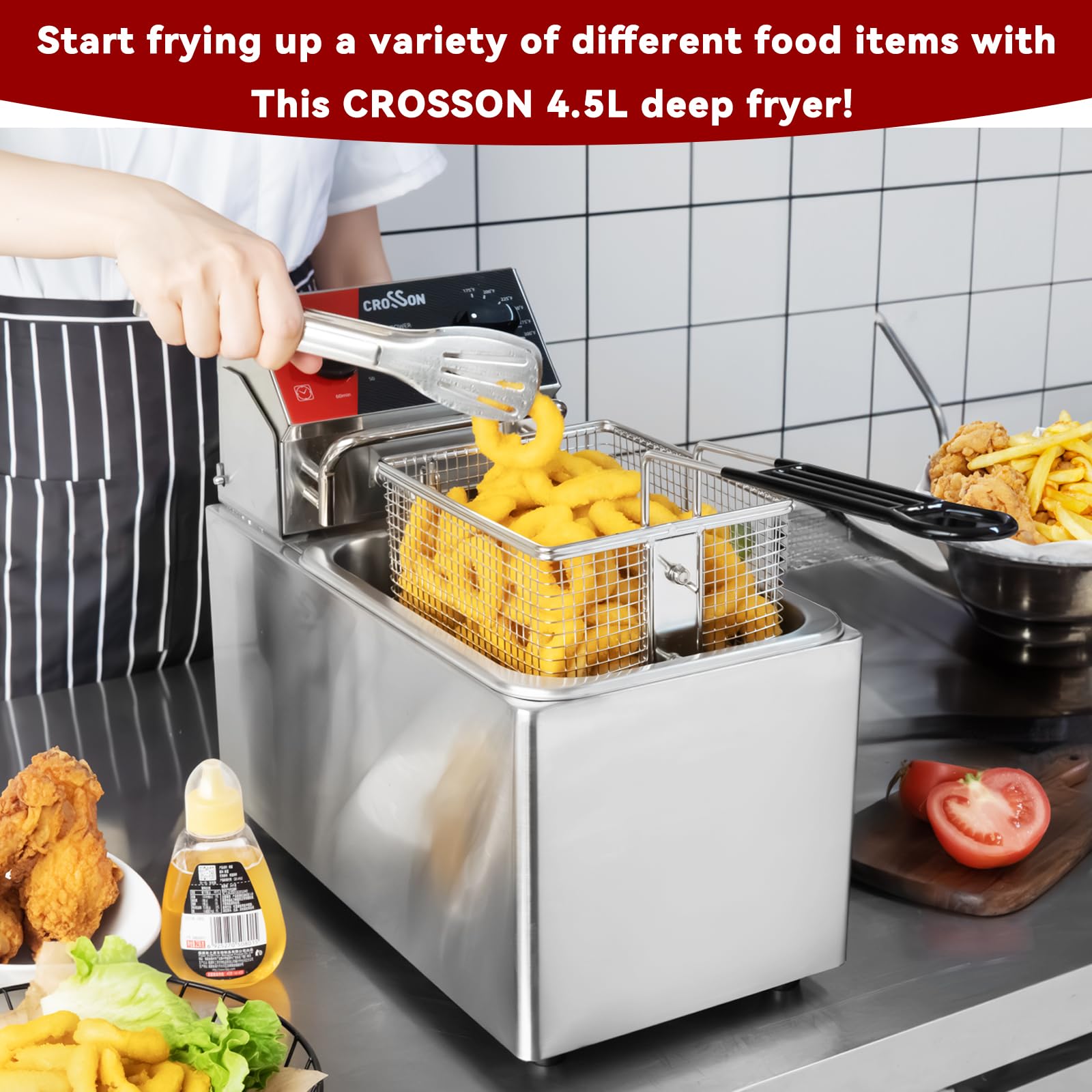 Crosson 10Lbs Electric Countertop Deep Fryer - 4.5L Capacity with Removable 304 Stainless Steel Oil Tank & Basket | Easy Clean Rotary Fryer Head, 30-Minute Timer | Perfect for Home Cooking, Restaurants & Catering - Fry Chicken, Fish, Donuts & More