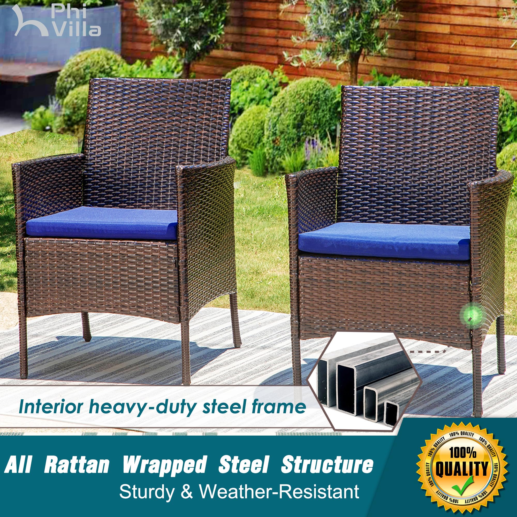 PHI VILLA 2-Piece Patio Furniture Set - Modern Outdoor Wicker Chairs with Removable Cushions, PE Rattan Armchairs for Deck, Porch, Balcony - Perfect for Backyard Relaxation & Garden Lounging