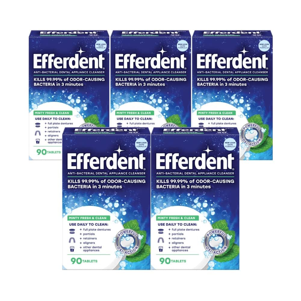 Efferdent Retainer & Denture Cleaning Tablets - 90 Count (Pack of 5) | Minty Fresh Dental Appliance Cleaner for Braces, Night Guards & Aligners | Dentist Recommended for Daily Use at Home or Travel