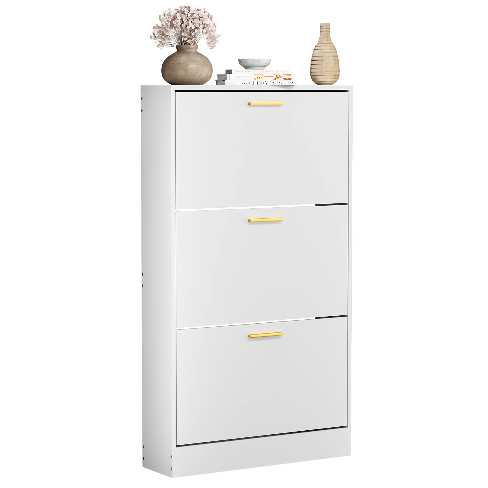 JOZZBY White Slim Shoe Cabinet with 3 Flip Drawers - Modern Freestanding Shoe Storage Organizer for Entryway, Hallway & Living Room | Space-Saving Narrow Shoe Rack for Small Spaces & Apartments
