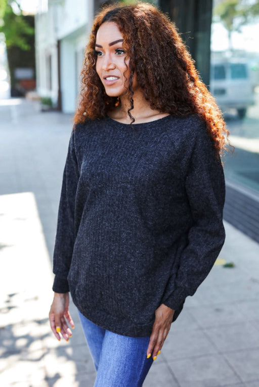 Stylish Charcoal Ribbed Brushed Hacci Sweater for Women | Soft & Comfortable Pullover | Perfect for Fall & Winter Outfits, Office Wear & Casual Dates