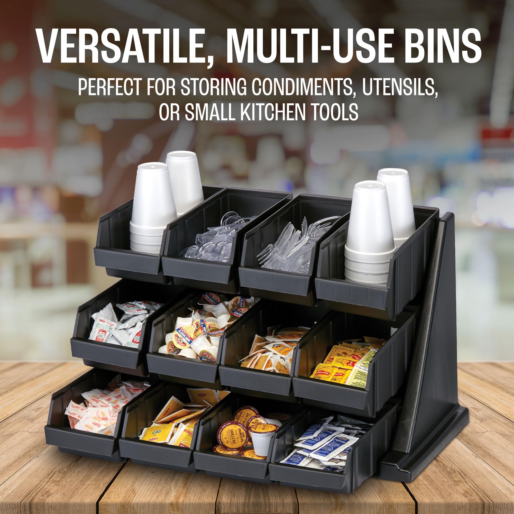 Cambro Versa Self Serve Condiment and Utensil Storage Bin - 12 Compartment Organizer for Food, Coffee, and Kitchen Supplies (Black) - Perfect for Restaurants, Cafes, and Home Kitchens