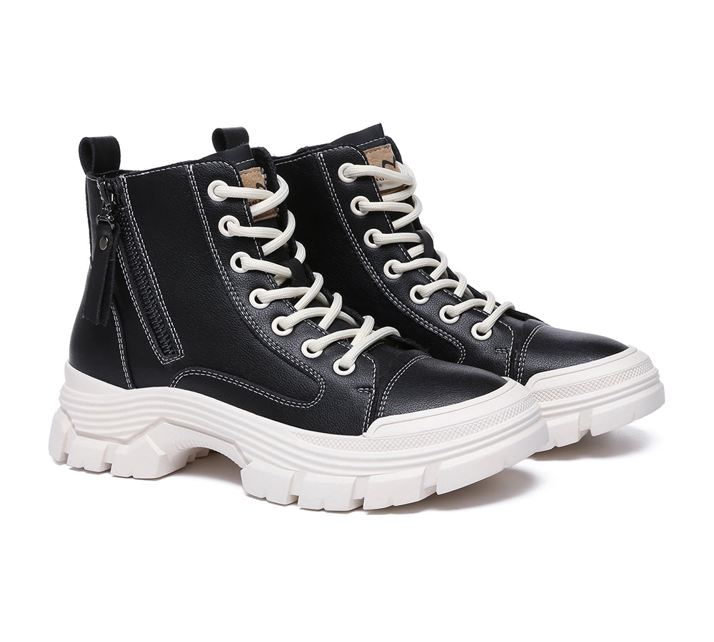 TARRAMARRA® Women's Chunky Leather Boots with Lace-Up & Zipper - Stylish Lorrine Design for Casual Outfits, Fall Fashion & Winter Wear
