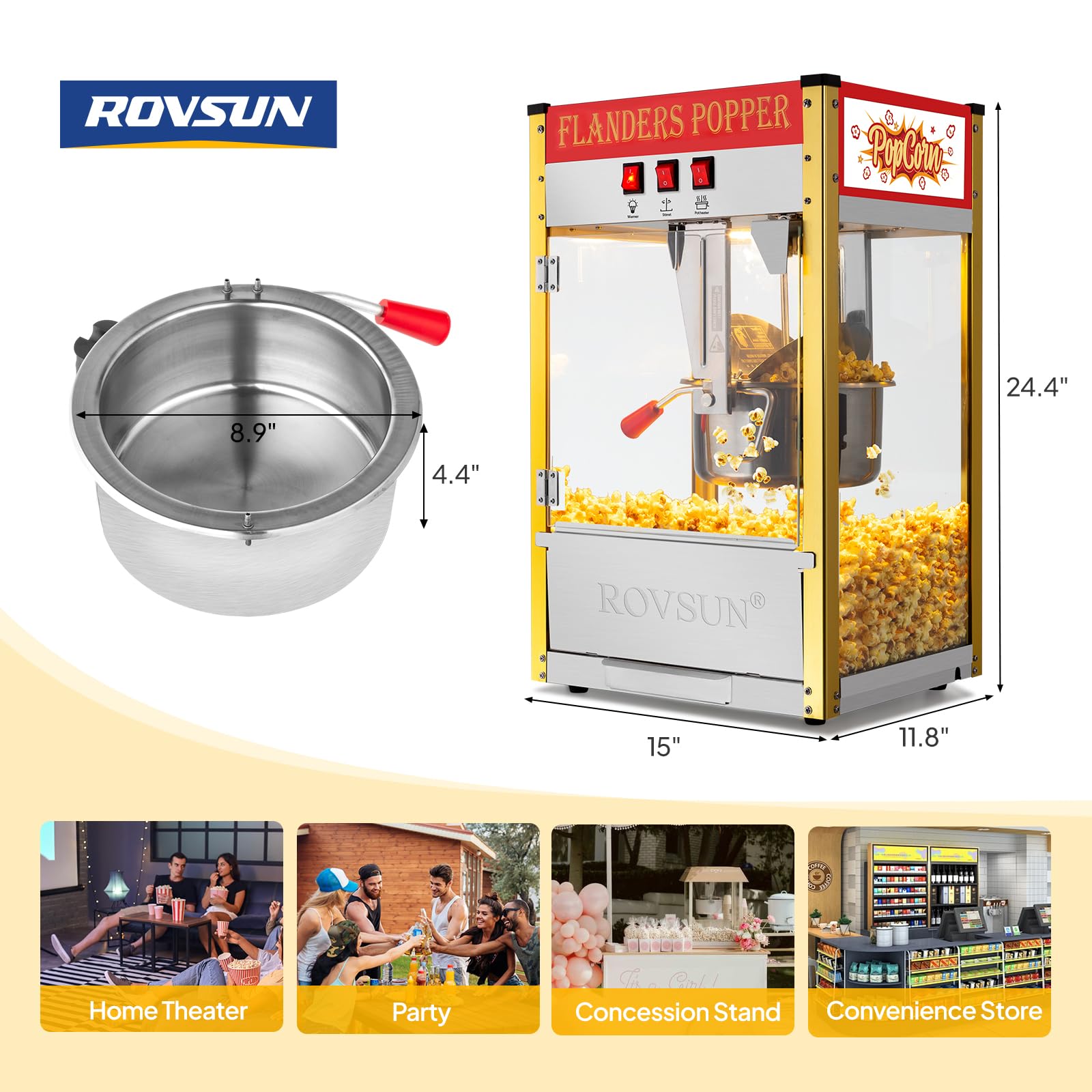 ROVSUN 10 Ounce Commercial Popcorn Machine - Makes 4 Gallons, Countertop Popcorn Popper with Stainless Steel Scoop, Oil Spoon & 3 Cups - Perfect for Movie Nights, Parties, and Carnival Snack Stands (Red)