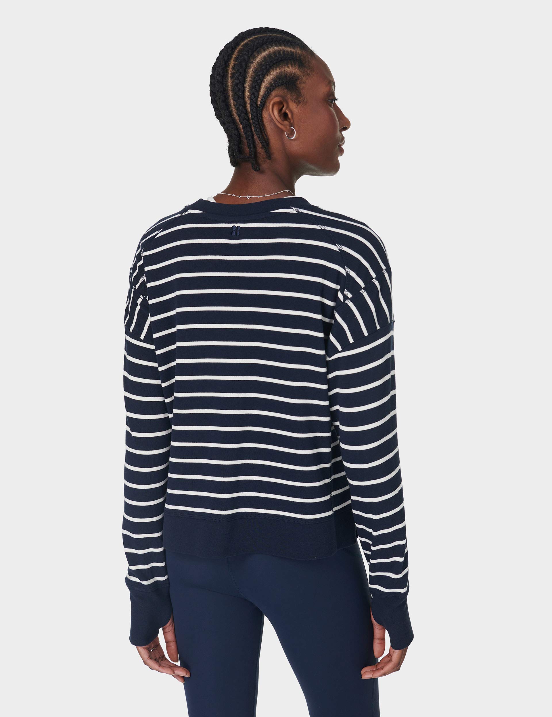 After School Crop Sweatshirt for Women - Navy & White Striped Pullover - Casual Wear for College, Gym, and Street Style
